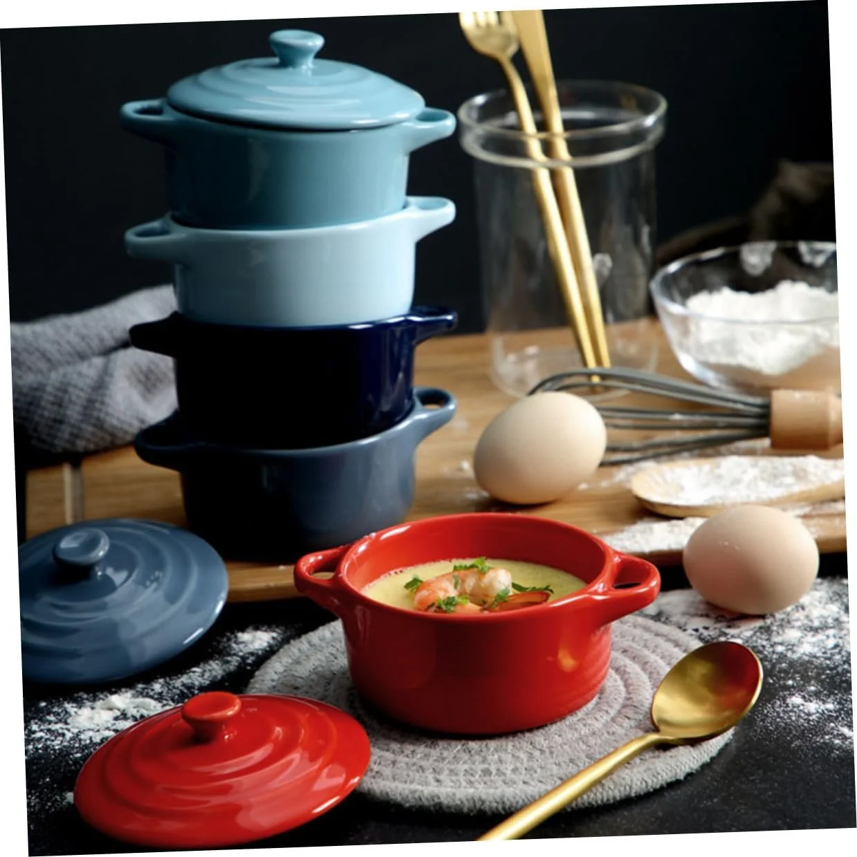 Миска-кастрюля керамическая Lurrose с крышкой и двойной ручкой Темно-синяя, фото №2