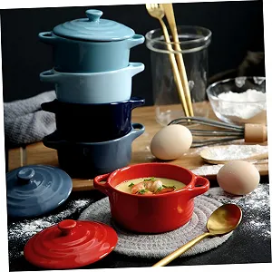 Миска-кастрюля керамическая Lurrose с крышкой и двойной ручкой Темно-синяя synthetic.ua - Фото 1