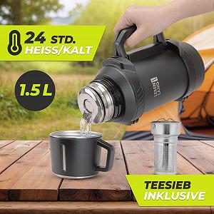 Термос LEBENLANG 1.5 л з чашкою, ситечком та ремінцем synthetic.ua - Фото 1
