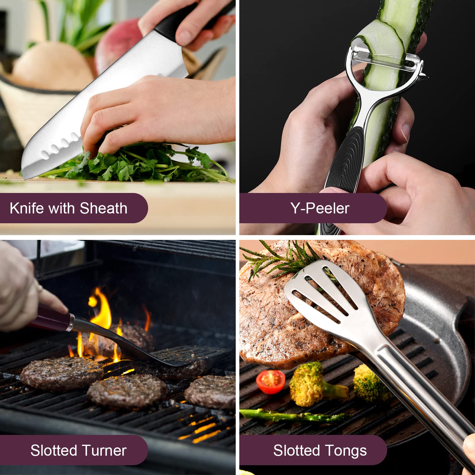 Комплект кухонных принадлежностей Odoland Outdoor Cookware с ножом сантоку, лопаткой, щипцами, половником, разделочными досками, фото №4 Комплект кухонных принадлежностей Odoland Outdoor Cookware с ножом сантоку, лопаткой, щипцами, половником, разделочными досками, фото №4