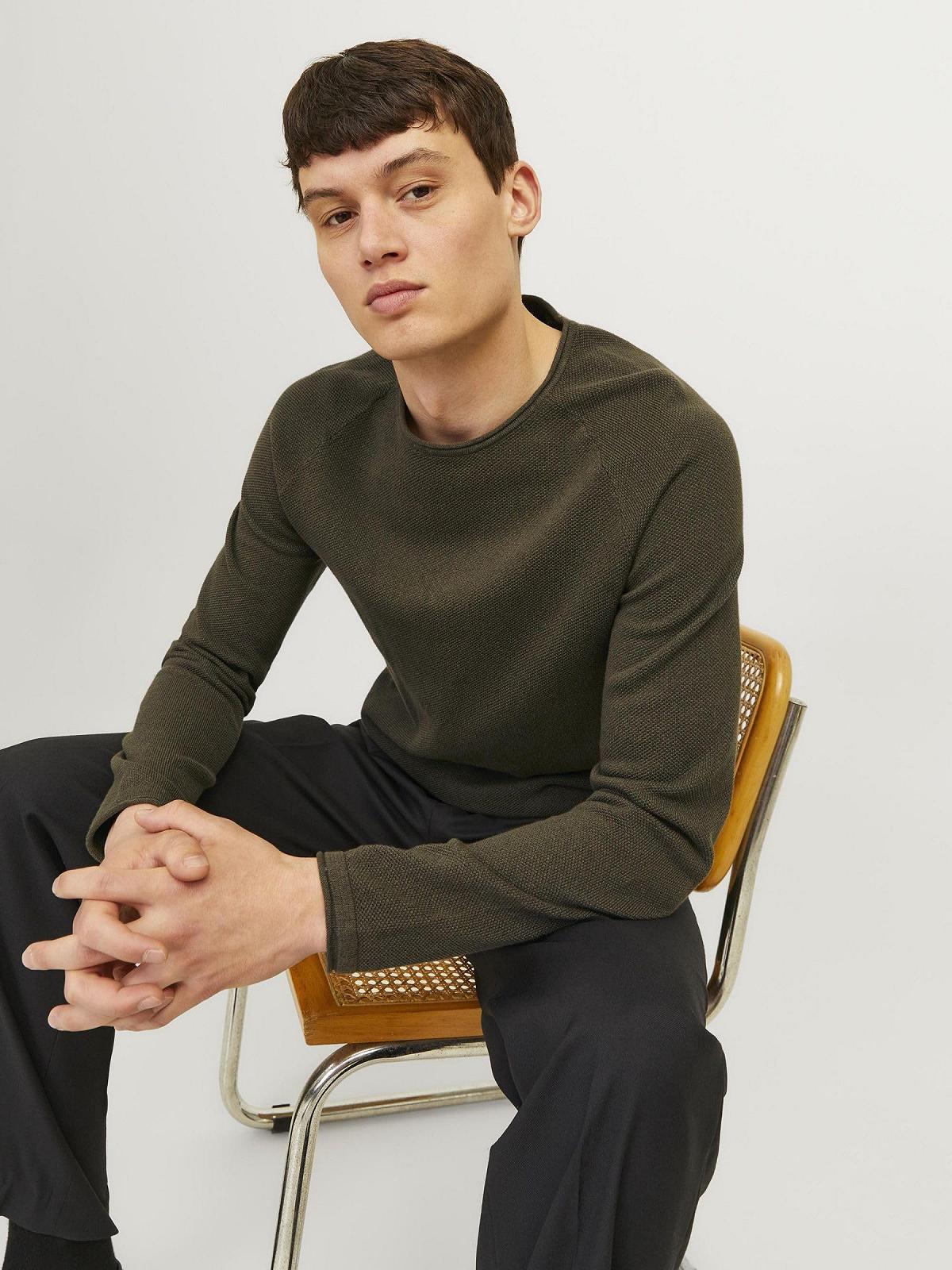 Вязаний пуловер JACK & JONES JJEHILL чоловічий, з круглим вирізом, базовий, з довгими рукавами, бавовняна сорочка, фото №9