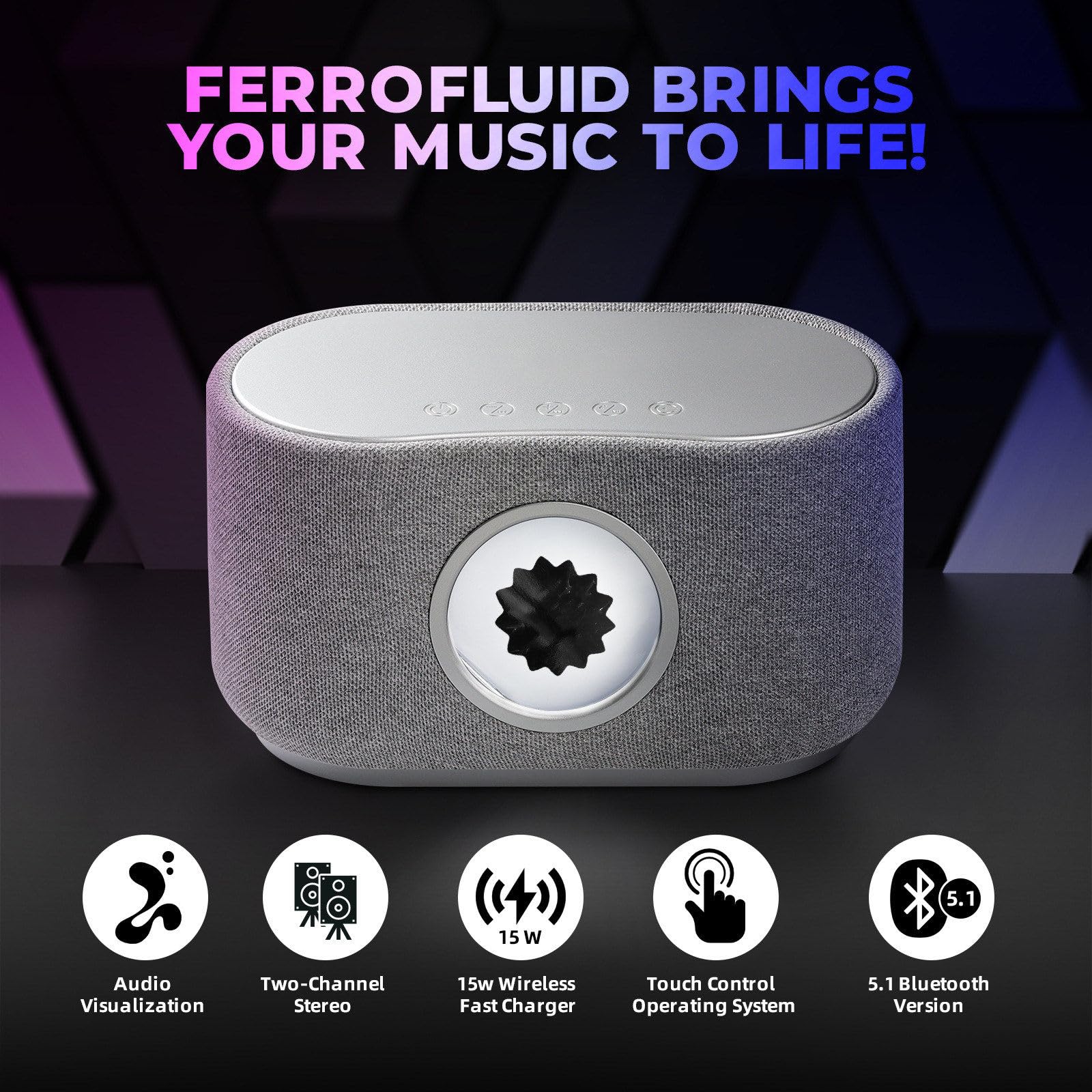 Ferrofluid Портативна колонка Bluetooth 5.1 Бездротовий сенсорне керування + 3 режими + Бездротова зарядка 15 Вт Чорний, фото №2