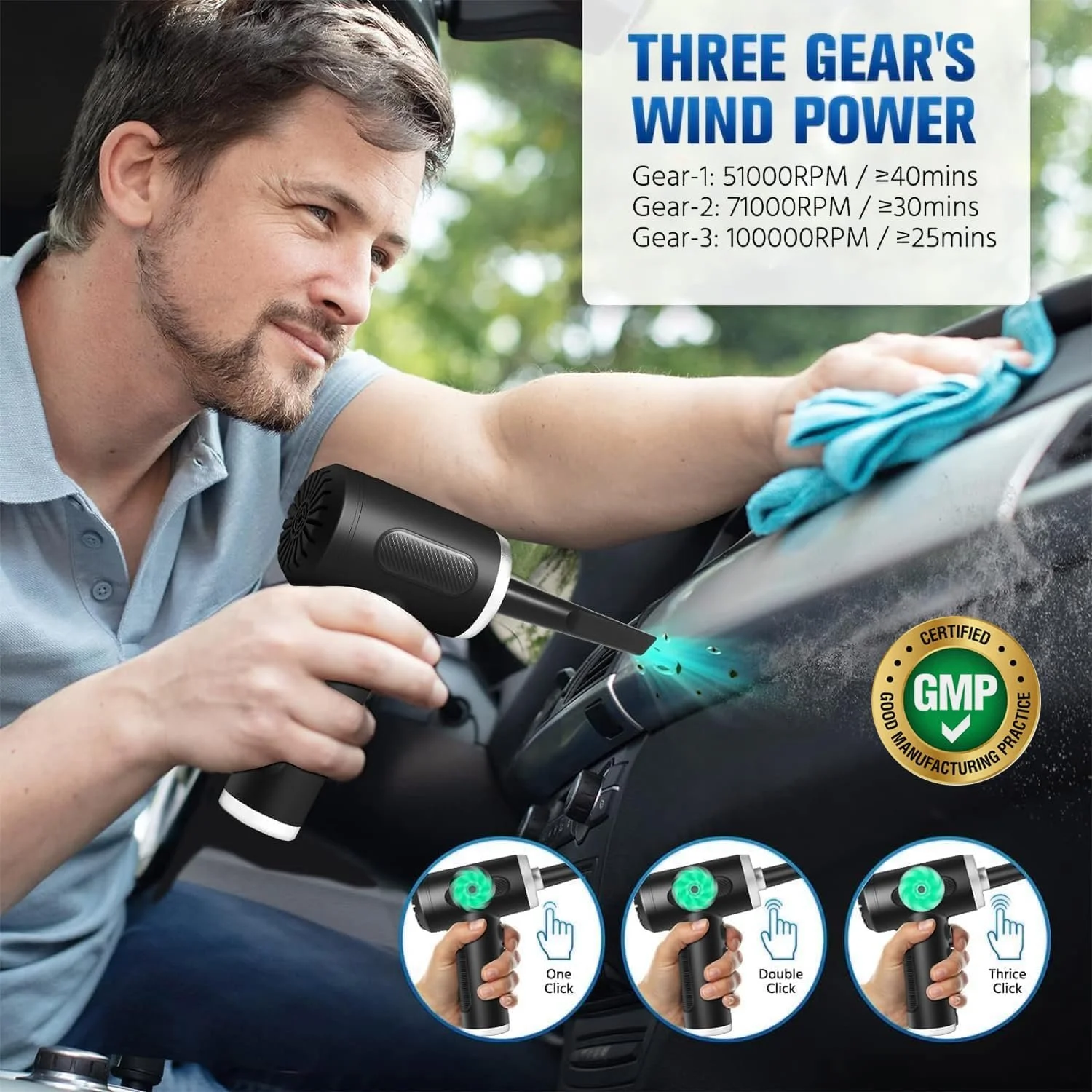 Электрическая воздуходувка Chanurae 3 скорости 100,000 RPM 6000 mAh USB Quick Charge, фото №3