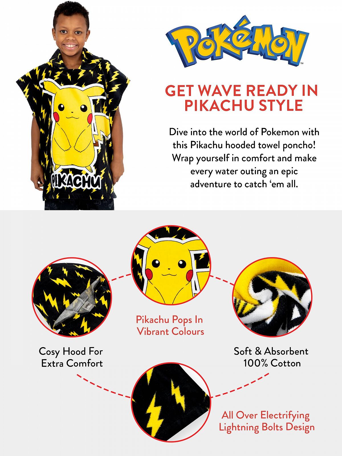 Пончо банное детское Pokémon Pikachu, полотенце с капюшоном, хлопковое пончо, One Size, черное, фото №6