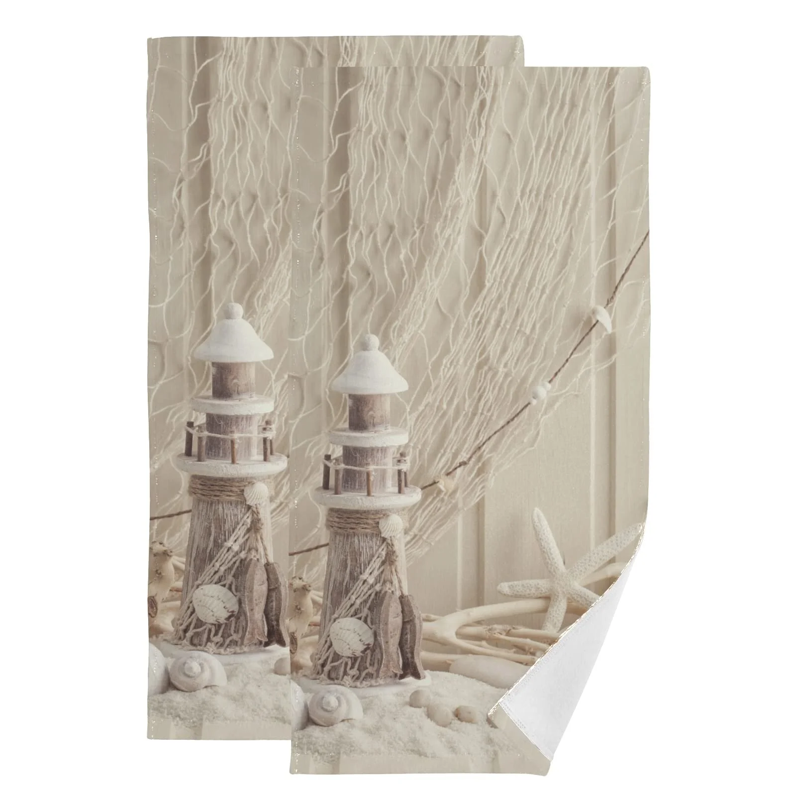 Набір з 2 рушників Nautical Shells Fishing Net Sea Lighthouse Starfish м'які абсорбуючі декоративні для готелю та спортзалу, фото №1