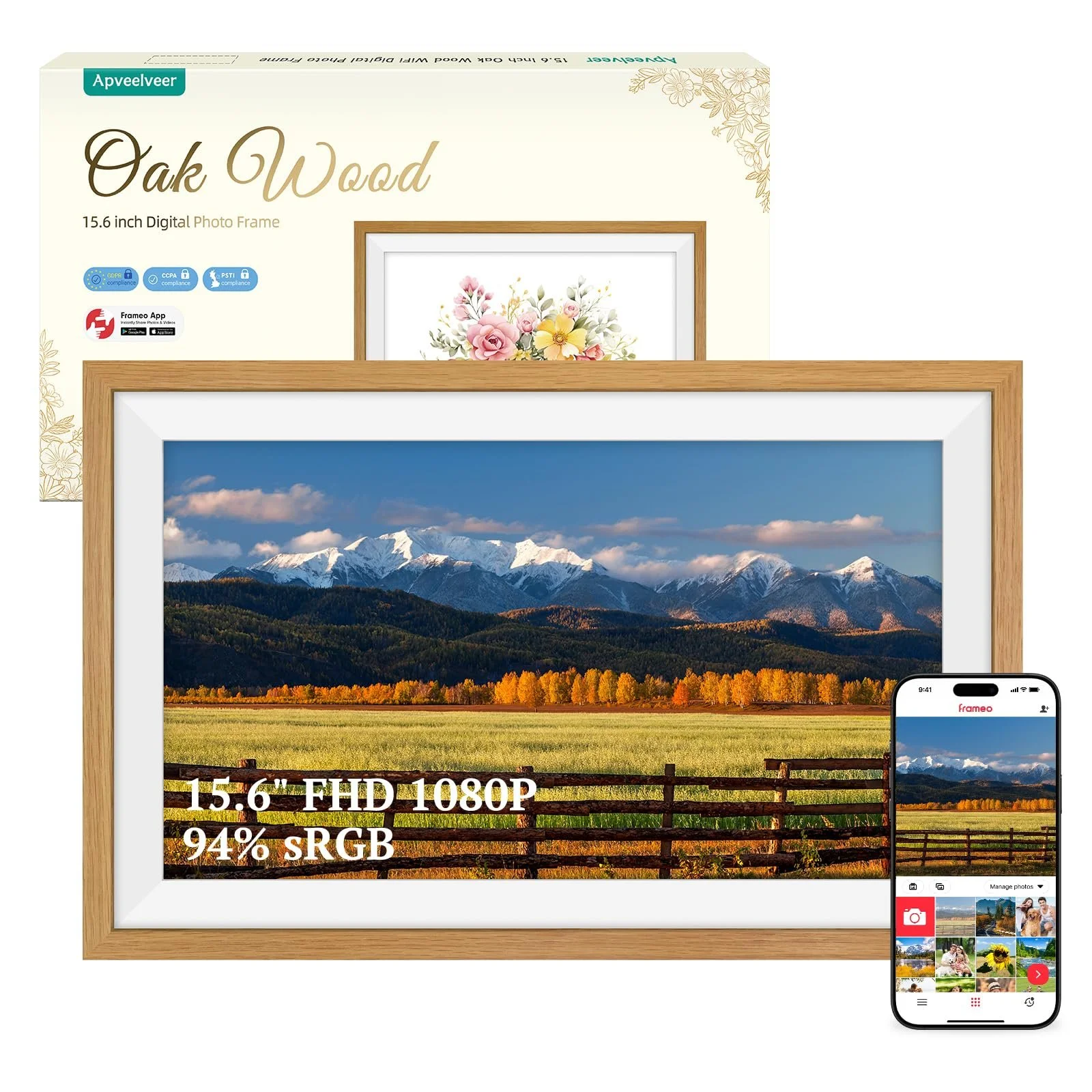 Цифровая фоторамка Apveelveer 15.6" WiFi 1920 x 1080 FHD IPS Touch Screen 32 ГБ Oak Wood 94% sRGB, фото №1 Цифровая фоторамка Apveelveer 15.6" WiFi 1920 x 1080 FHD IPS Touch Screen 32 ГБ Oak Wood 94% sRGB, фото №1