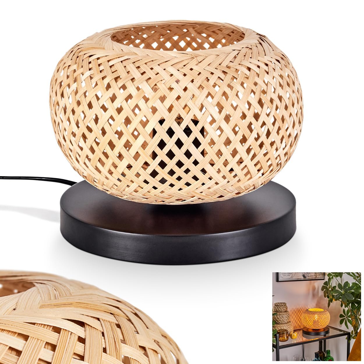 Настільна лампа Bauro Modern Boho Метал/Бамбук Ø 20 см Решітчастий дизайн Перемикач на кабелі 1 x E27 Без лампи Чорний/Натуральний, фото №1