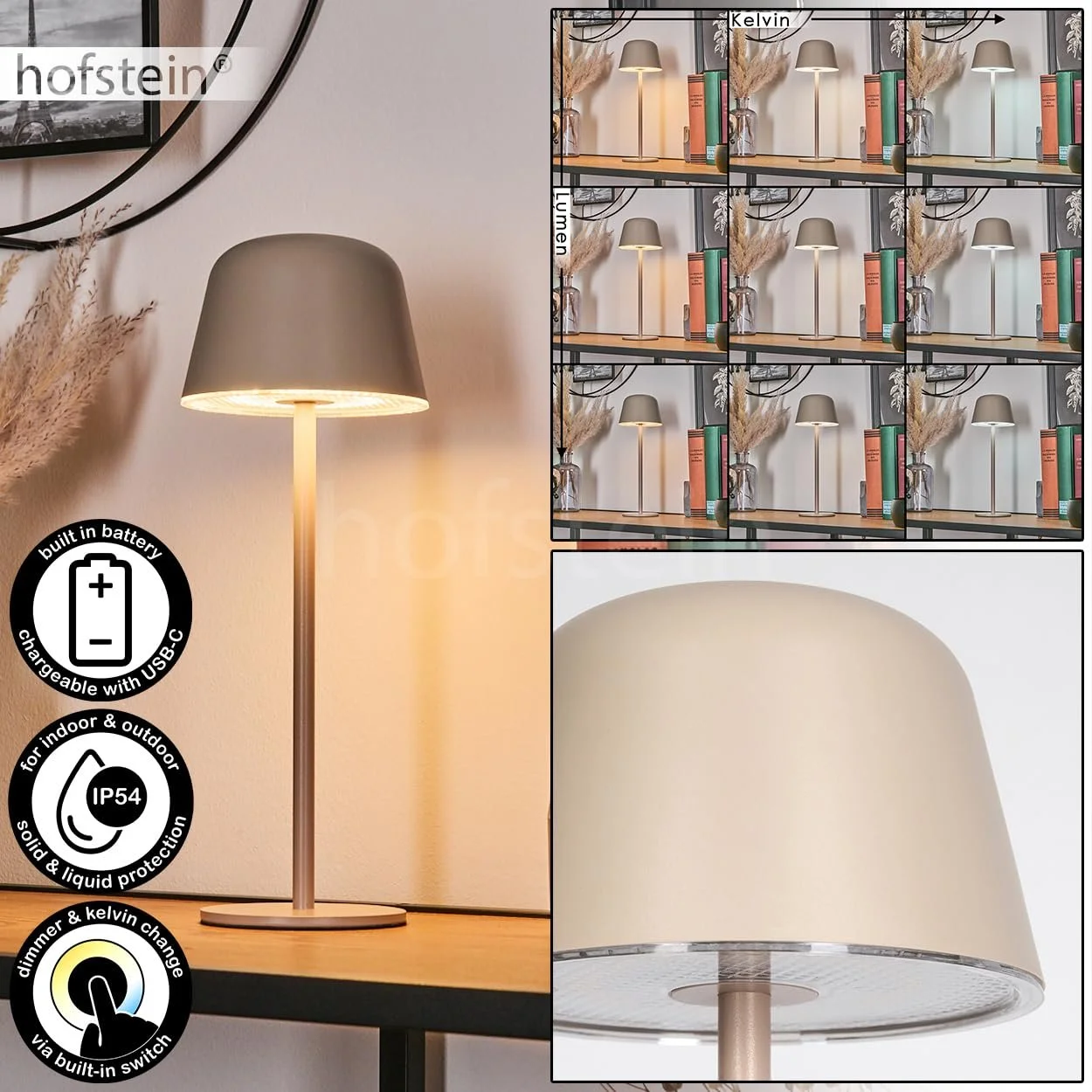 Настільна лампа Alsen LED димована метал/пластик сенсорний димер USB-C акумулятор 2.5 Ват 280 Люмен 2700-6500 Кельвін бежевий/білий, фото №2