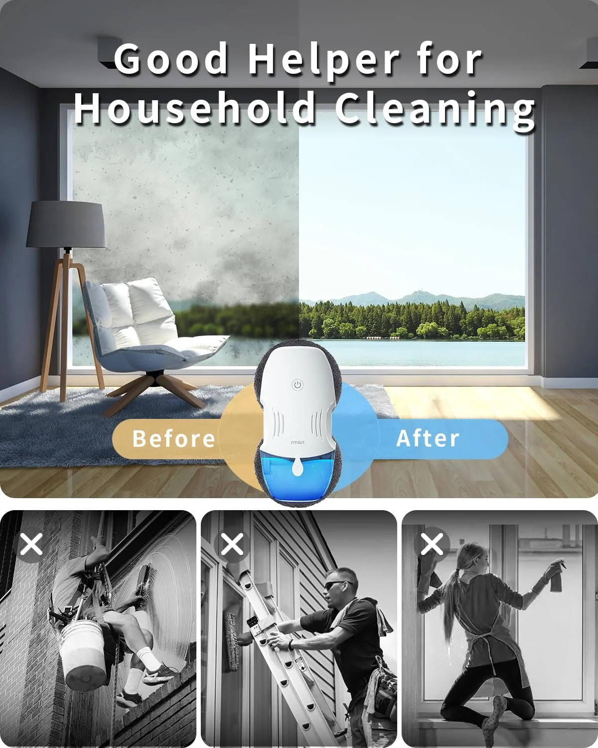 Робот для миття вікон Fmart T10 з автоматичною двосторонньою системою розпилення, потрійною системою безпеки, інтелектуальною навігацією, дистанційним керуванням, для всіх гладких поверхонь, з 10 серветками, фото №7 Робот для миття вікон Fmart T10 з автоматичною двосторонньою системою розпилення, потрійною системою безпеки, інтелектуальною навігацією, дистанційним керуванням, для всіх гладких поверхонь, з 10 серветками, фото №7