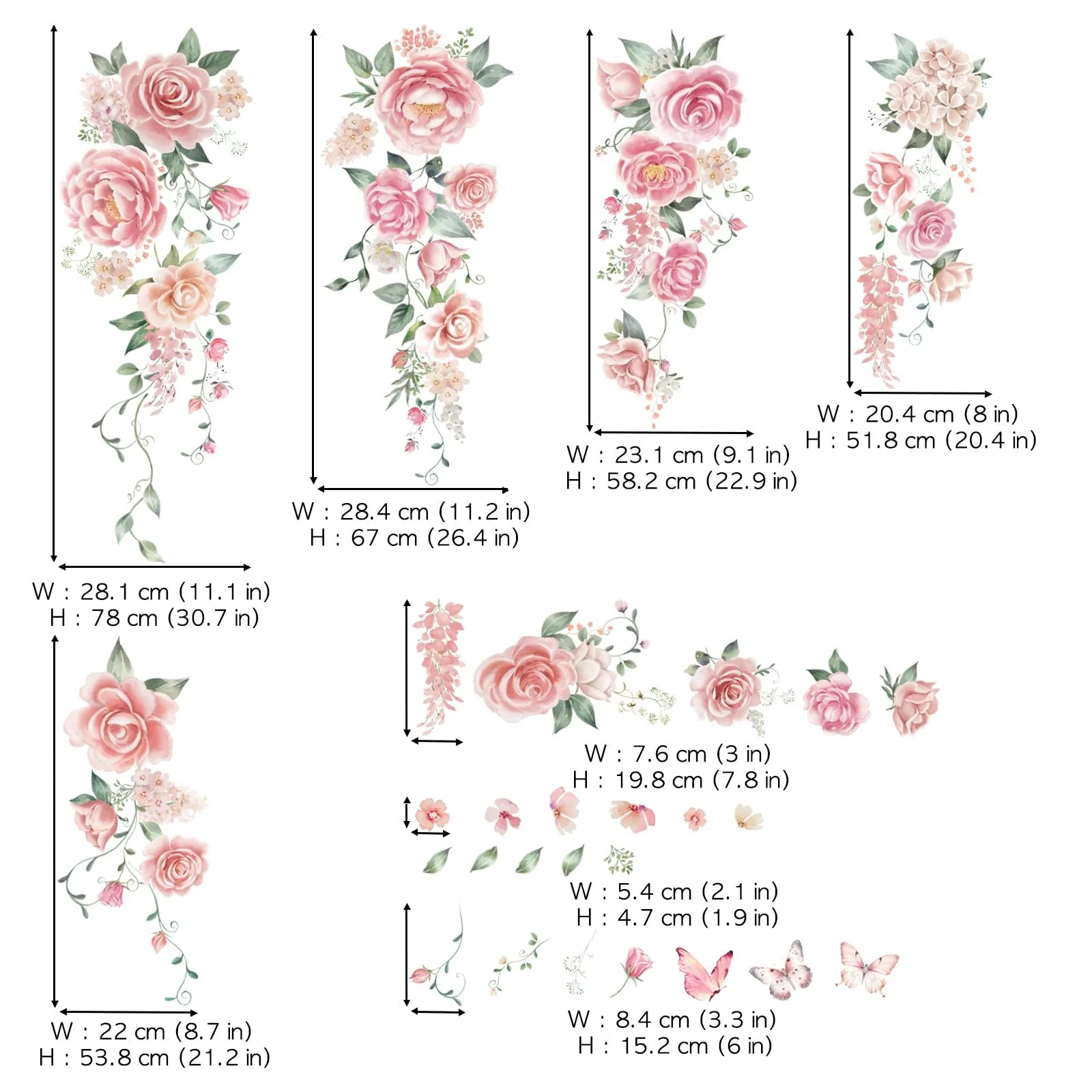 Наклейки на стіну DECOWALL SG3-2428 Трояндові лози з метеликами Квіткові Рожеві, фото №5