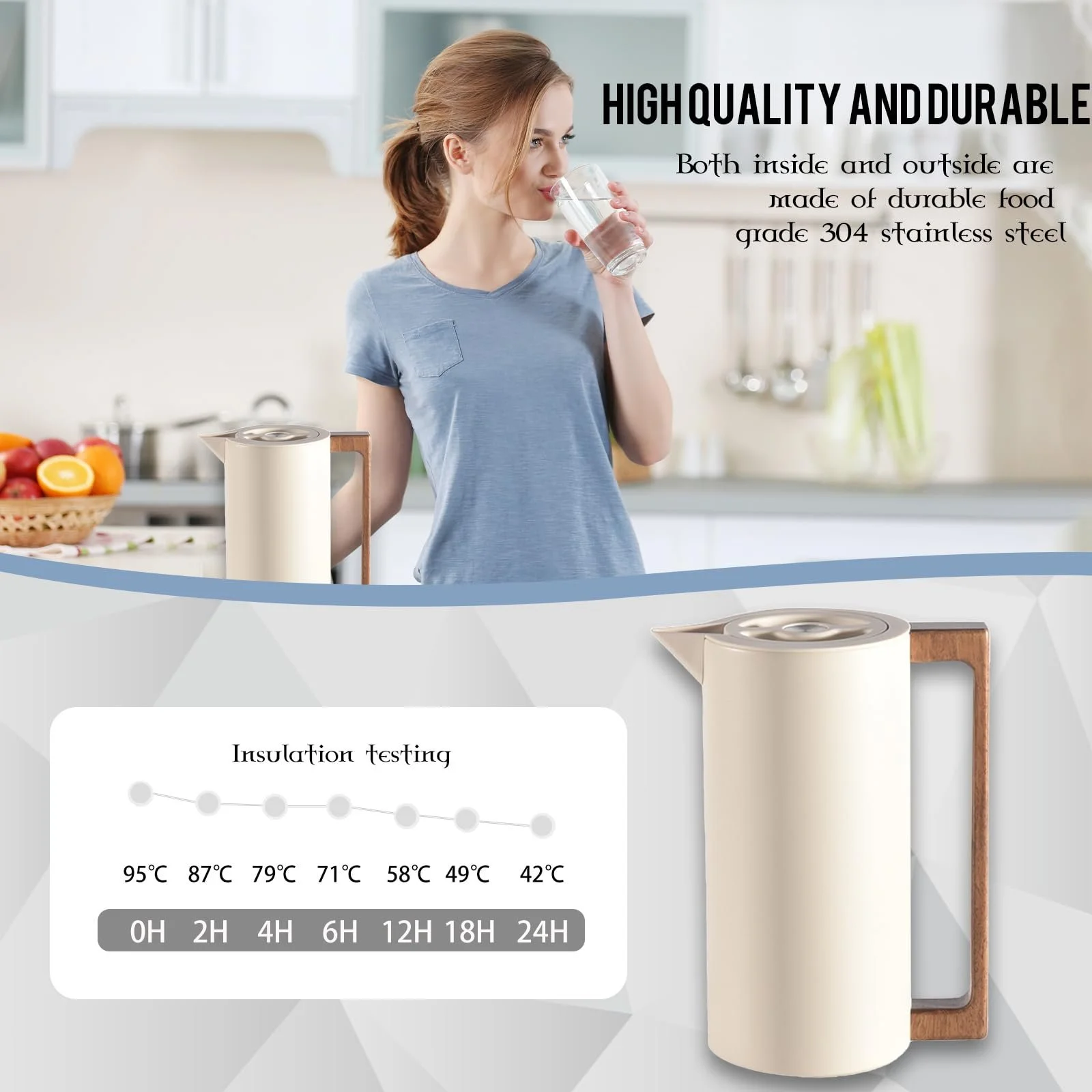 Термос Кавник з нержавіючої сталі з вакуумною ізоляцією, дерев'яною ручкою та простою кнопкою безпеки, 0.6 л, фото №7