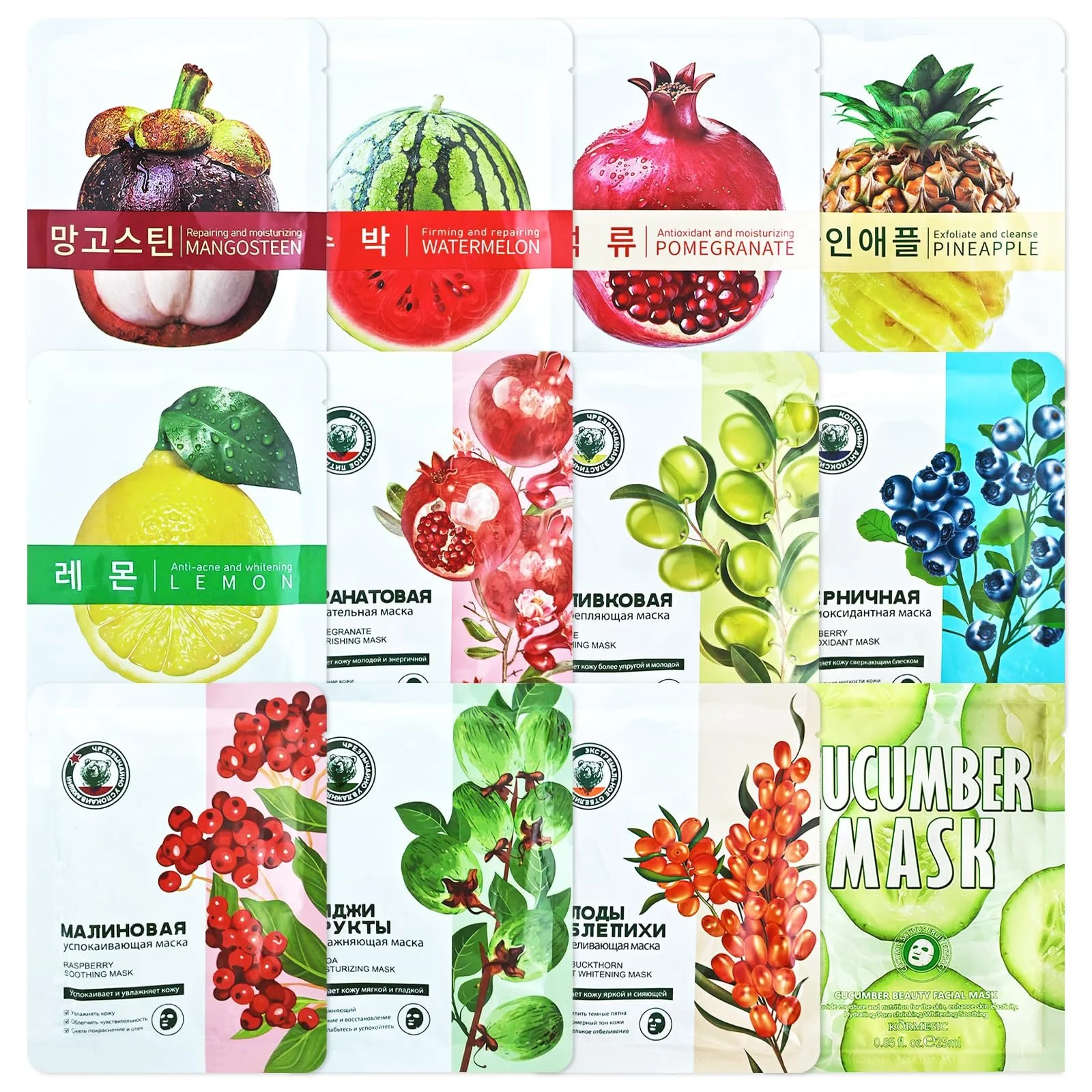 Тканинна маска для обличчя, набір 12 штук, корейський догляд за шкірою, фото №1