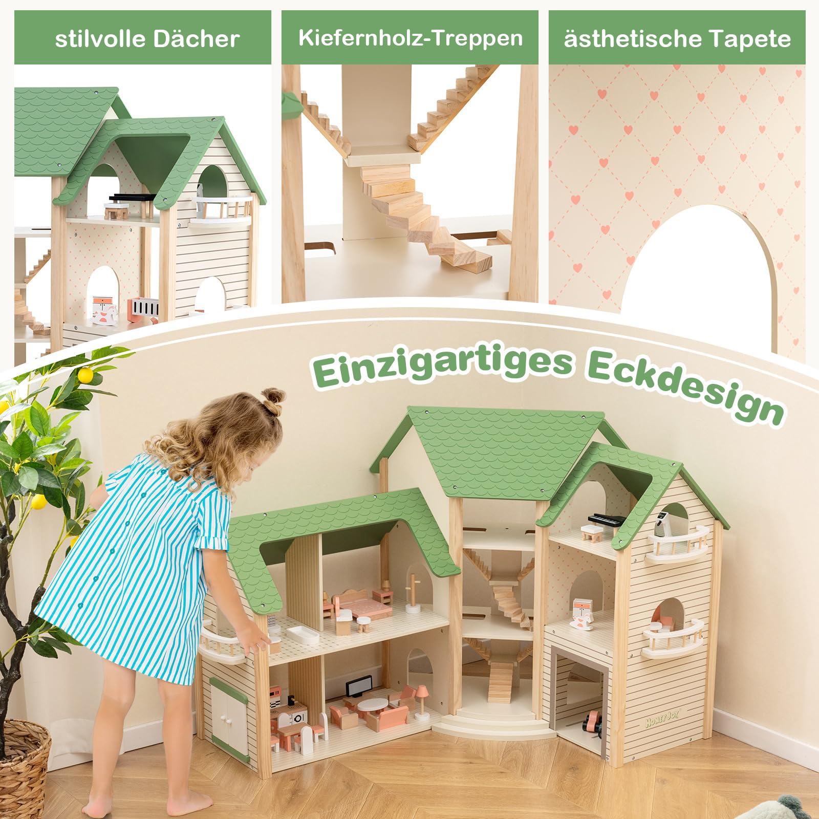 Дерев'яний будиночок для ляльок DREAMADE 3 рівні, 7 кімнат, 36/42 меблі Зелений, фото №3