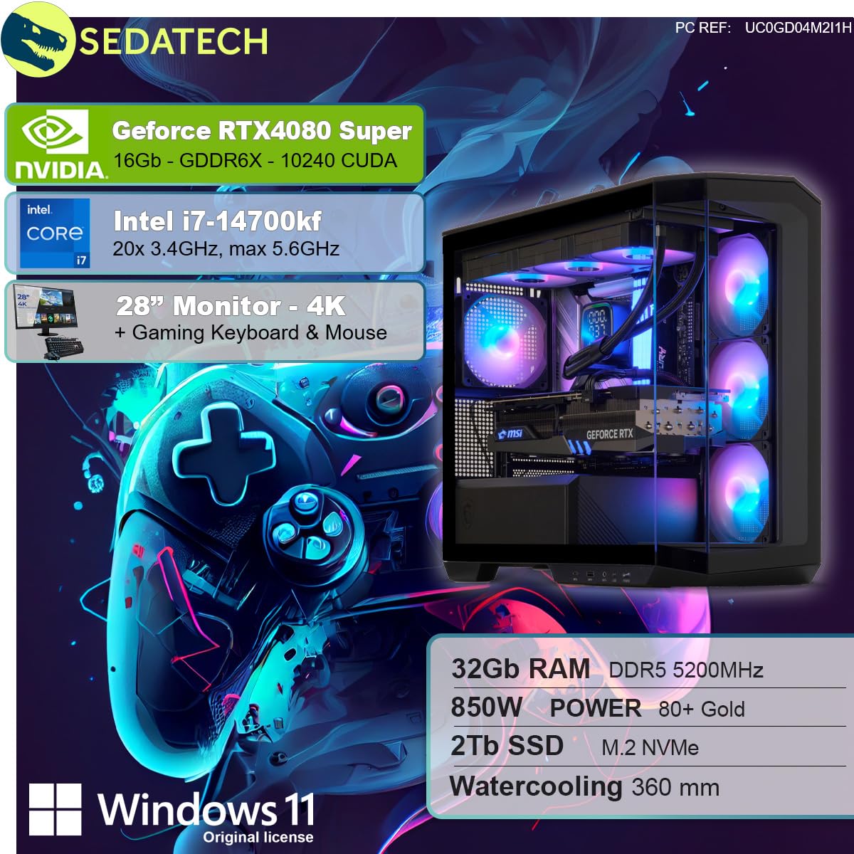 Комплект Sedatech Advanced Gaming PC Intel i7-14700KF RTX4080 Super 32GB DDR5 2TB SSD M.2 Win 11 Монитор 28 дюймов, фото №2