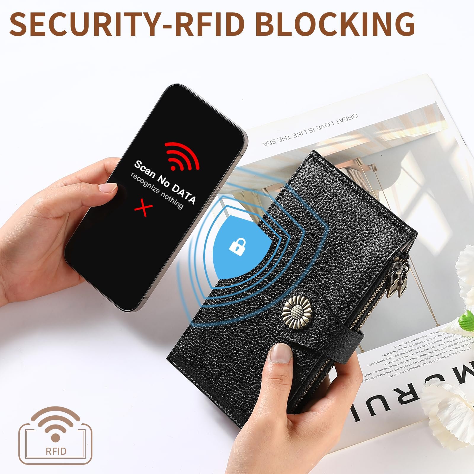 Кошелек SENDEFN Женский Длинный с RFID защитой 16 отделений для карт Окошко для фотографий Отделение для монет Кожаный Элегантный черный Классический, фото №3