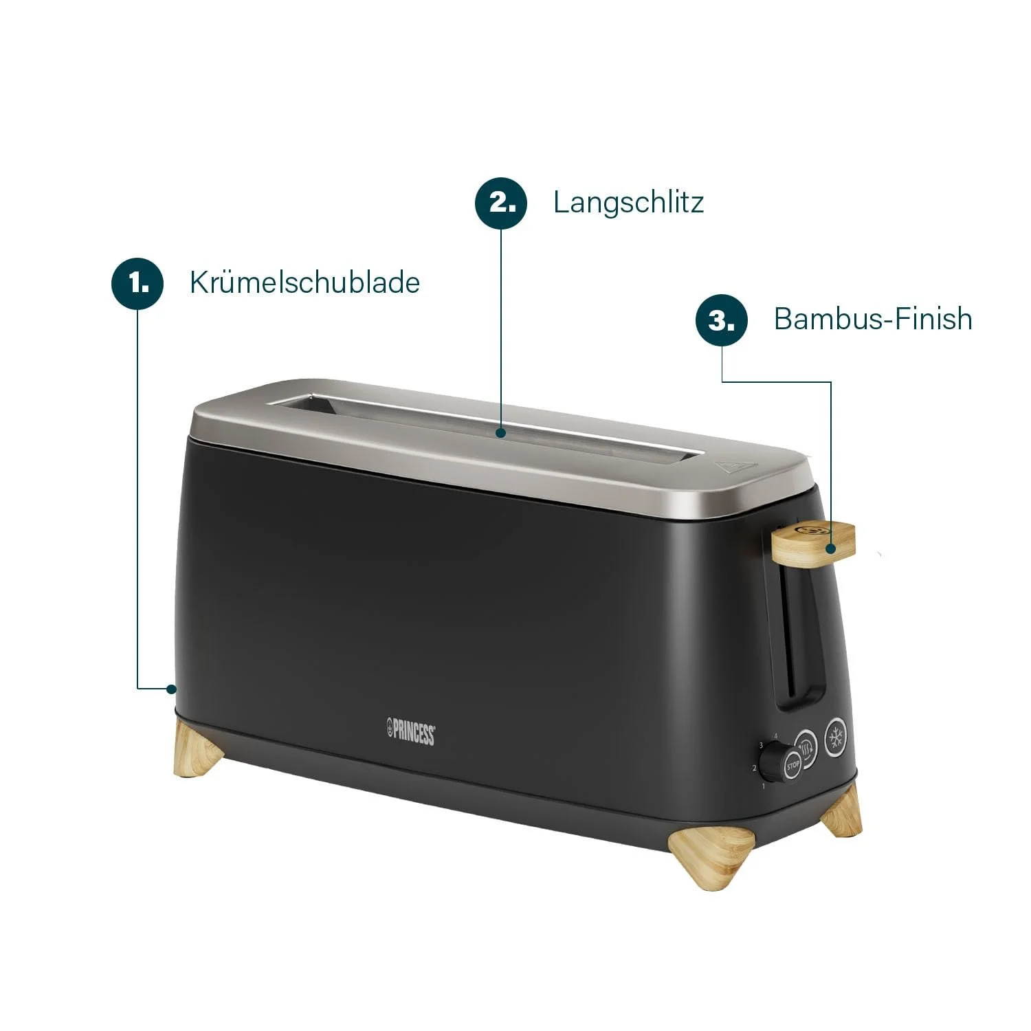 Тостер Princess Pure для 2 скибочок одночасно 7 регульованих рівнів підсмажування кнопки скасування, розігріву та розморожування 800-1000 Вт Чорний, фото №5