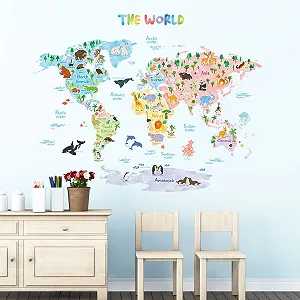 Наклейка на стіну DECOWALL DL3-1615 Карта світу з тваринами Extra Large 140 x 106 см (англійська версія) synthetic.ua - Фото 1
