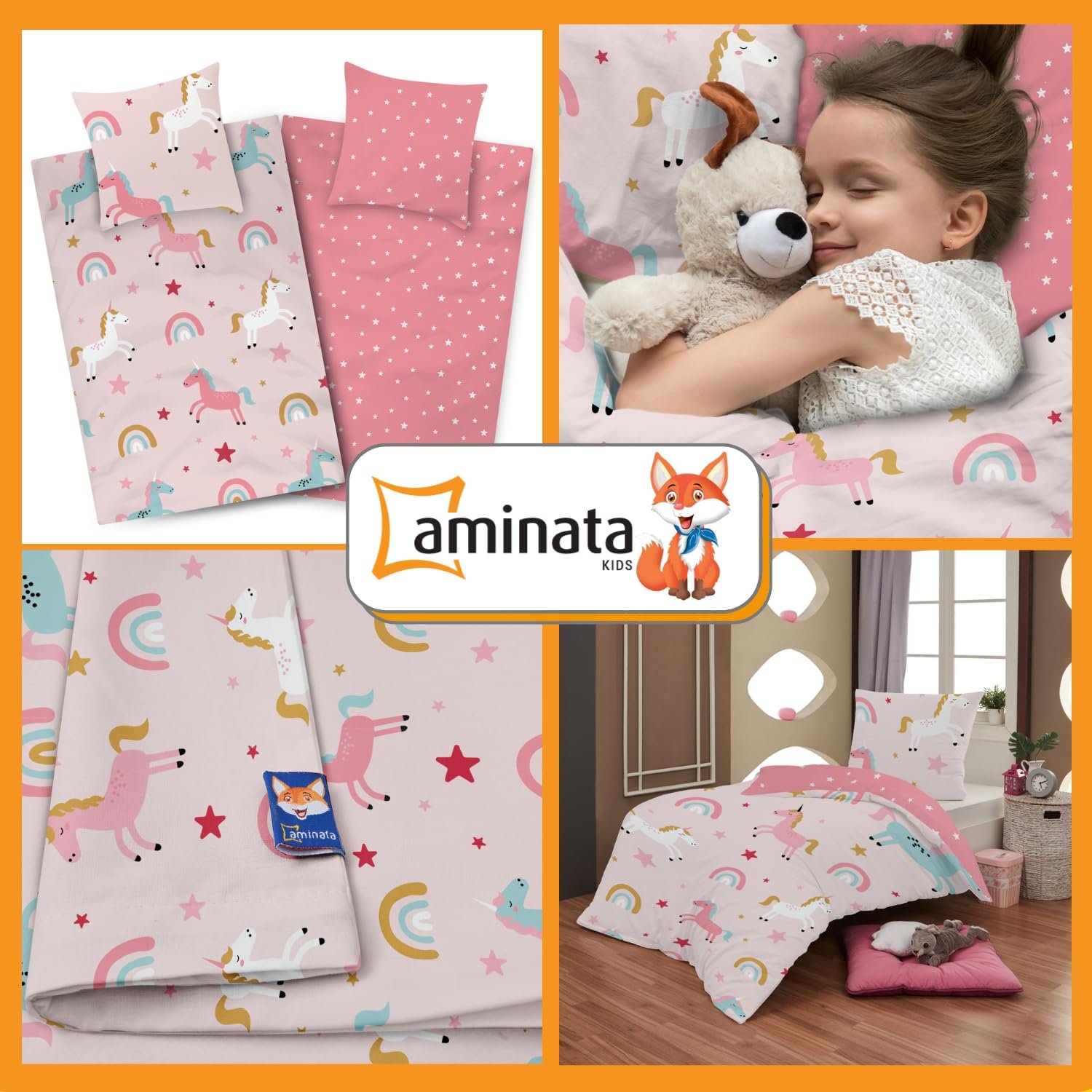 Детское постельное белье Aminata kids 135 x 200 см, рисунок единорога, хлопок, на молнии, розовый/радуга, фото №2