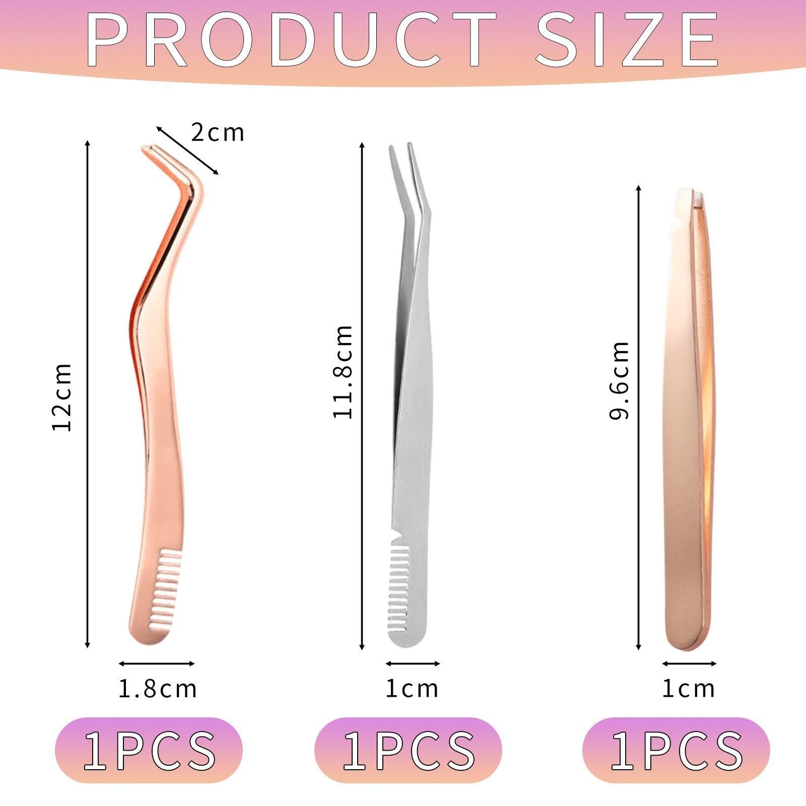 Пінцети для вій з гребінцем нержавіюча сталь 3 шт Rose Gold / Silver, фото №2