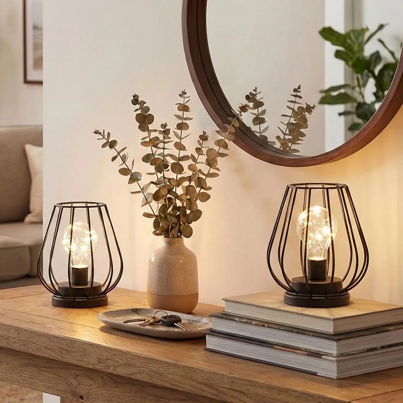 Набір з 2 настільних ламп TRIROCKS на батарейках, металеві, у формі клітки, висота 17 см чорні, фото №8