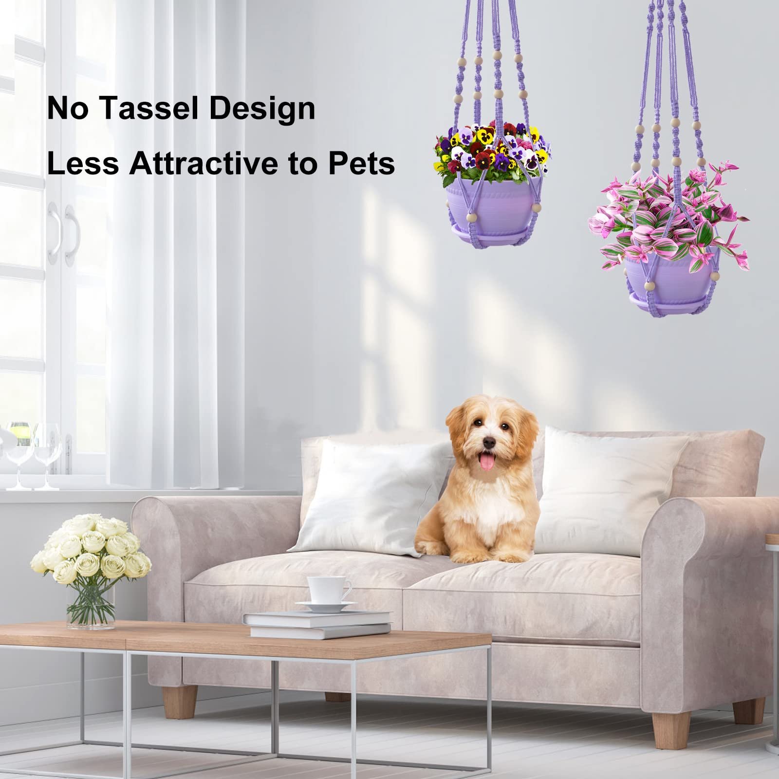 Підвісний тримач для рослин макраме з горщиком набір із 3 штук бавовняна мотузка Purple, фото №6