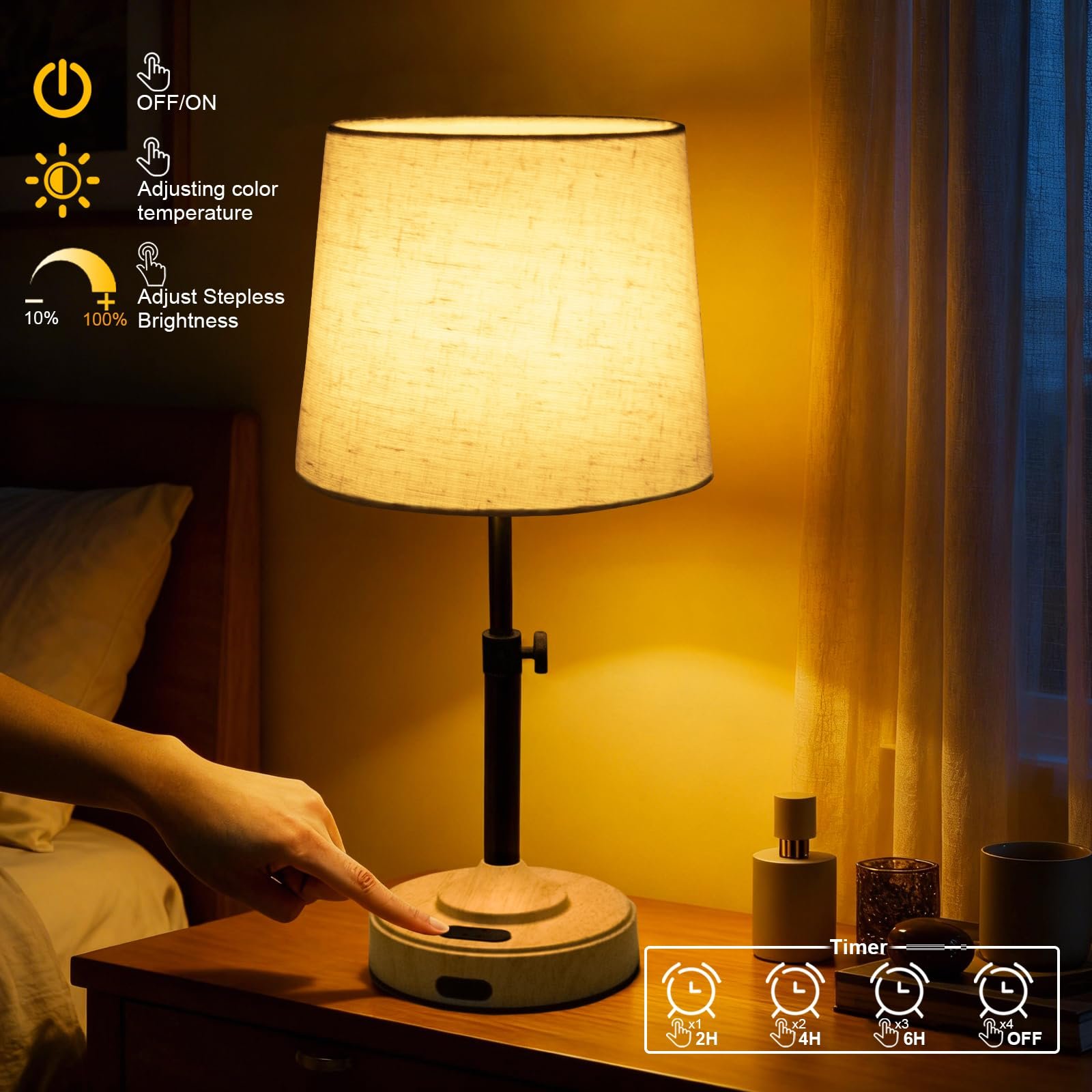 Настільна лампа бездротова сенсорна 2700 K - 5000 K з таймером та лляним абажуром комплект з 2 шт., фото №2