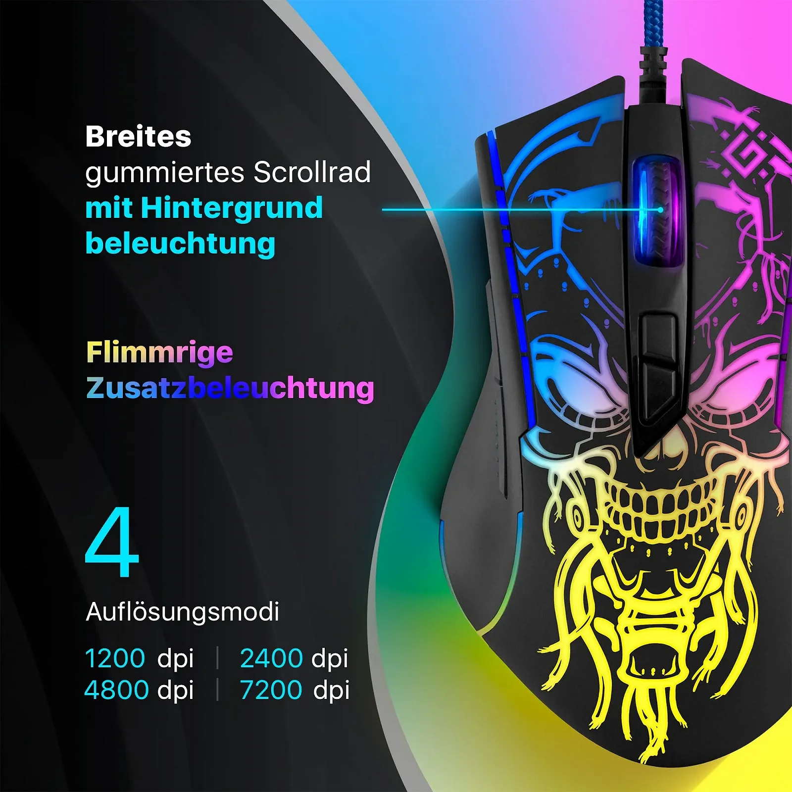 Миша ігрова Defender Bulletstorm GM-928 дротова, ергономічна, з оптичним сенсором, 7 кнопок, 4 режими DPI, багатокольорове підсвічування, Soft Touch корпус, чорна, фото №3