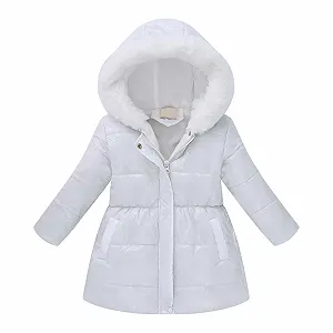 Детская зимняя куртка для девочек с капюшоном и искусственной отделкой, теплая, с молнией, с длинными рукавами, приталенная, верхняя одежда для холодной погоды - Фото 1