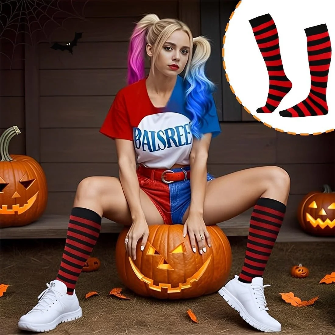 Жіночі панчохи вище коліна Червоні в смужку Бавовна 1 пара, фото №5