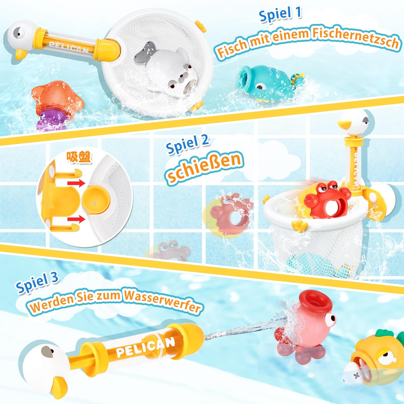 Іграшка для ванни Риболовля з вудками, водними пістолетами, сачком, магнітною рибою, фото №4