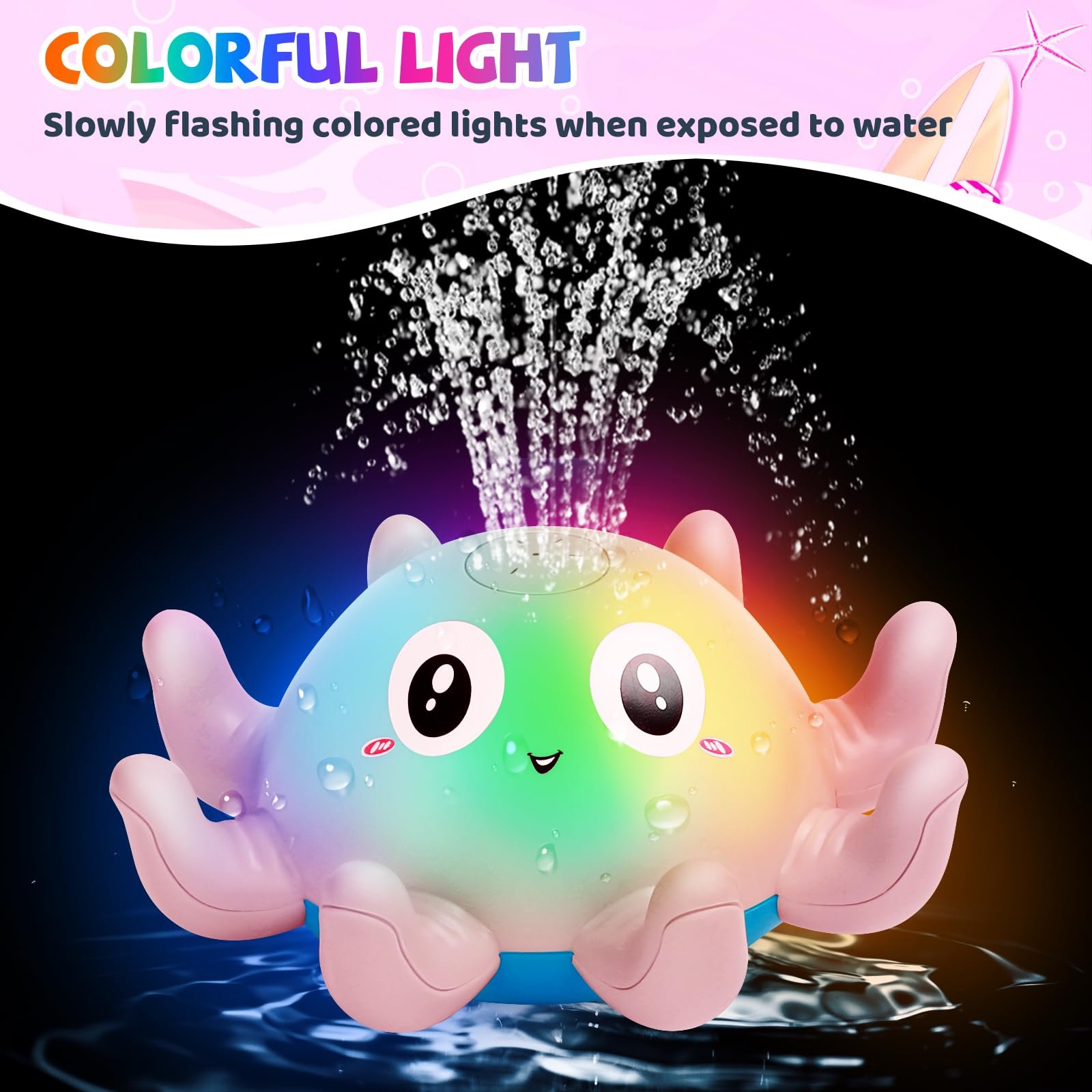 Іграшка для ванни Восьминіг з розпилювачем води та підсвічуванням Рожевий, фото №3