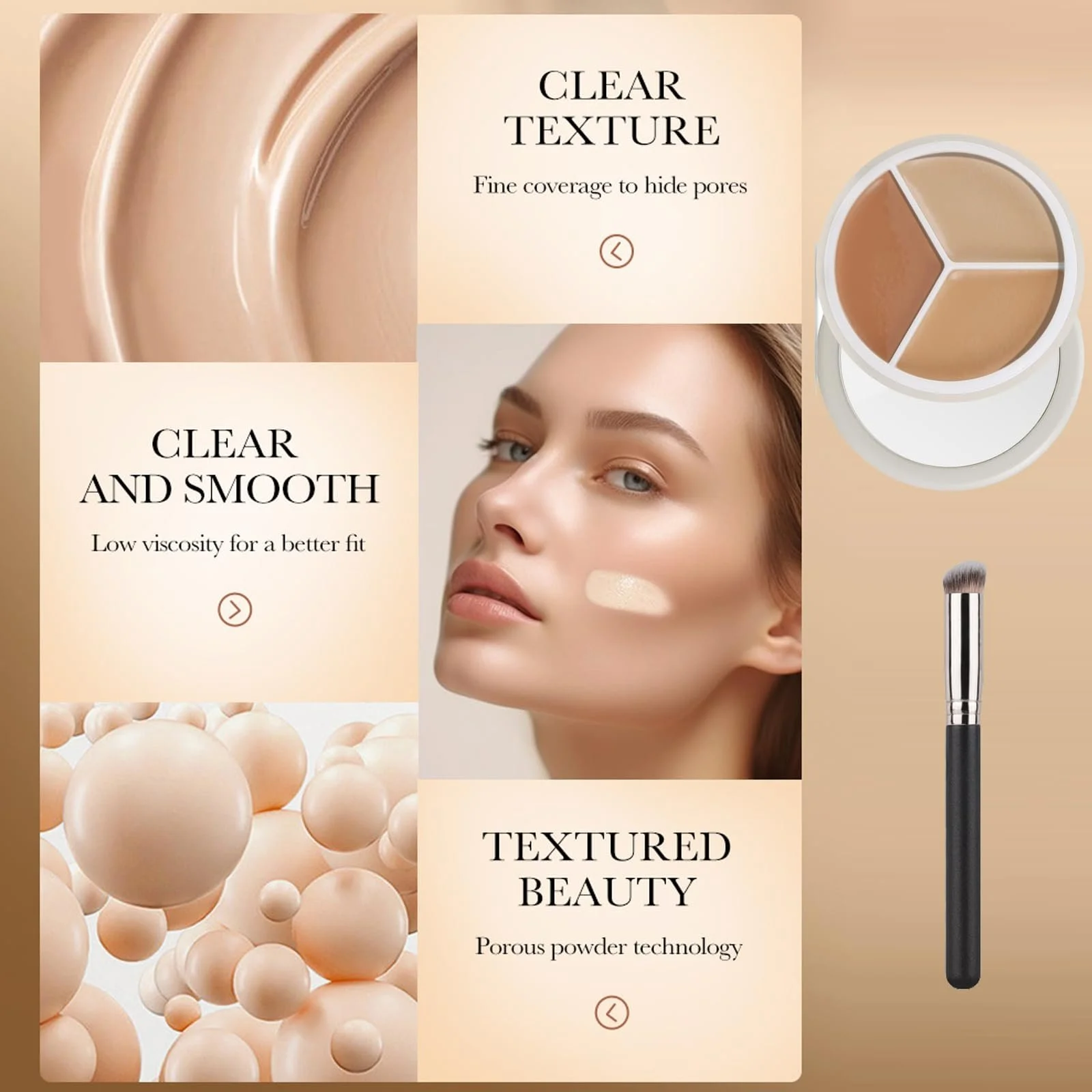 Палетка консилеров 3 цвета, корректирующий консилер 3 в 1 для макияжа, чтобы скрыть тени и пятна, корректирует и маскирует темные круги и пятна, с кистью, фото №5