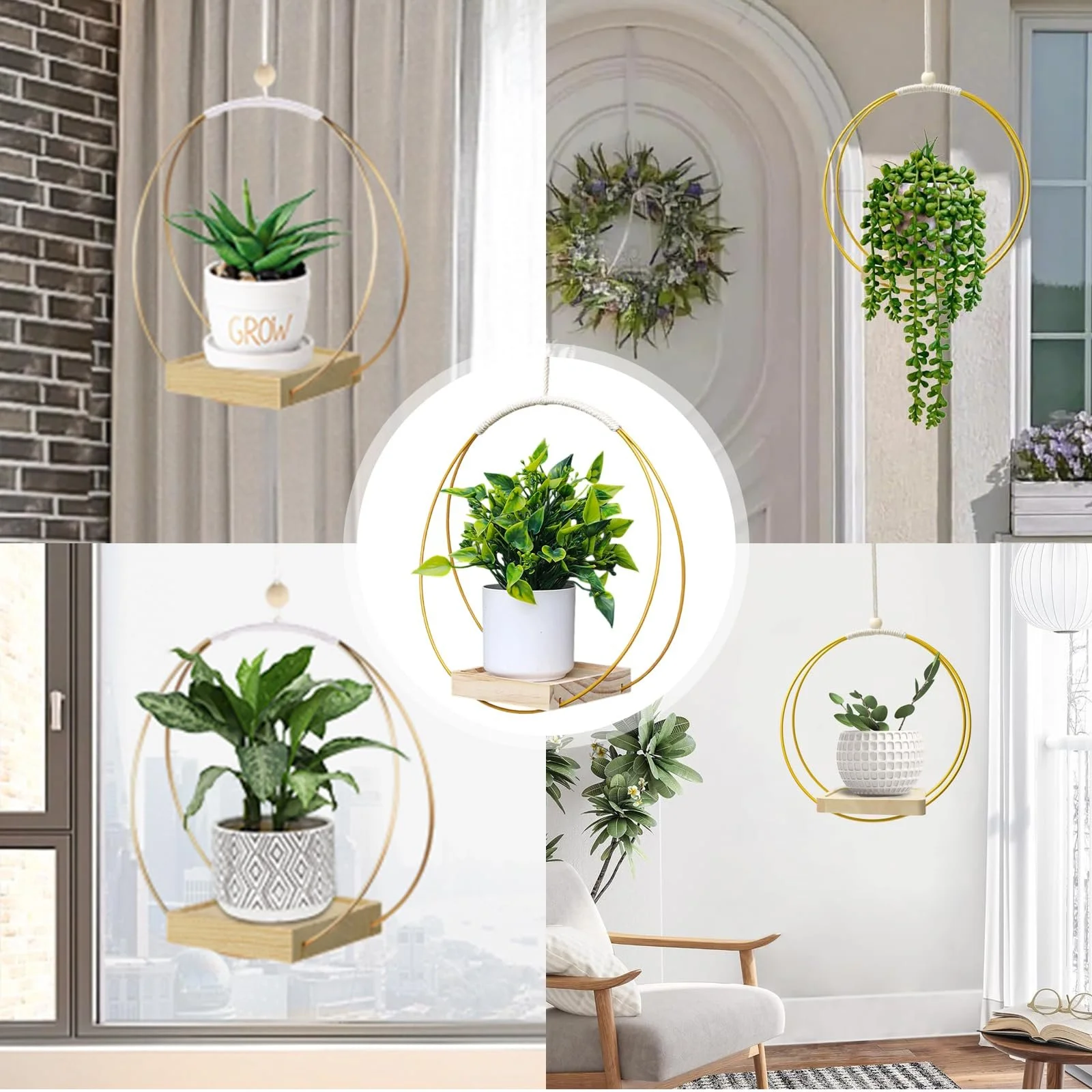 Подвесной вазон Металлическое кольцо с деревянным основанием 30 x 30 см Золотой, фото №7