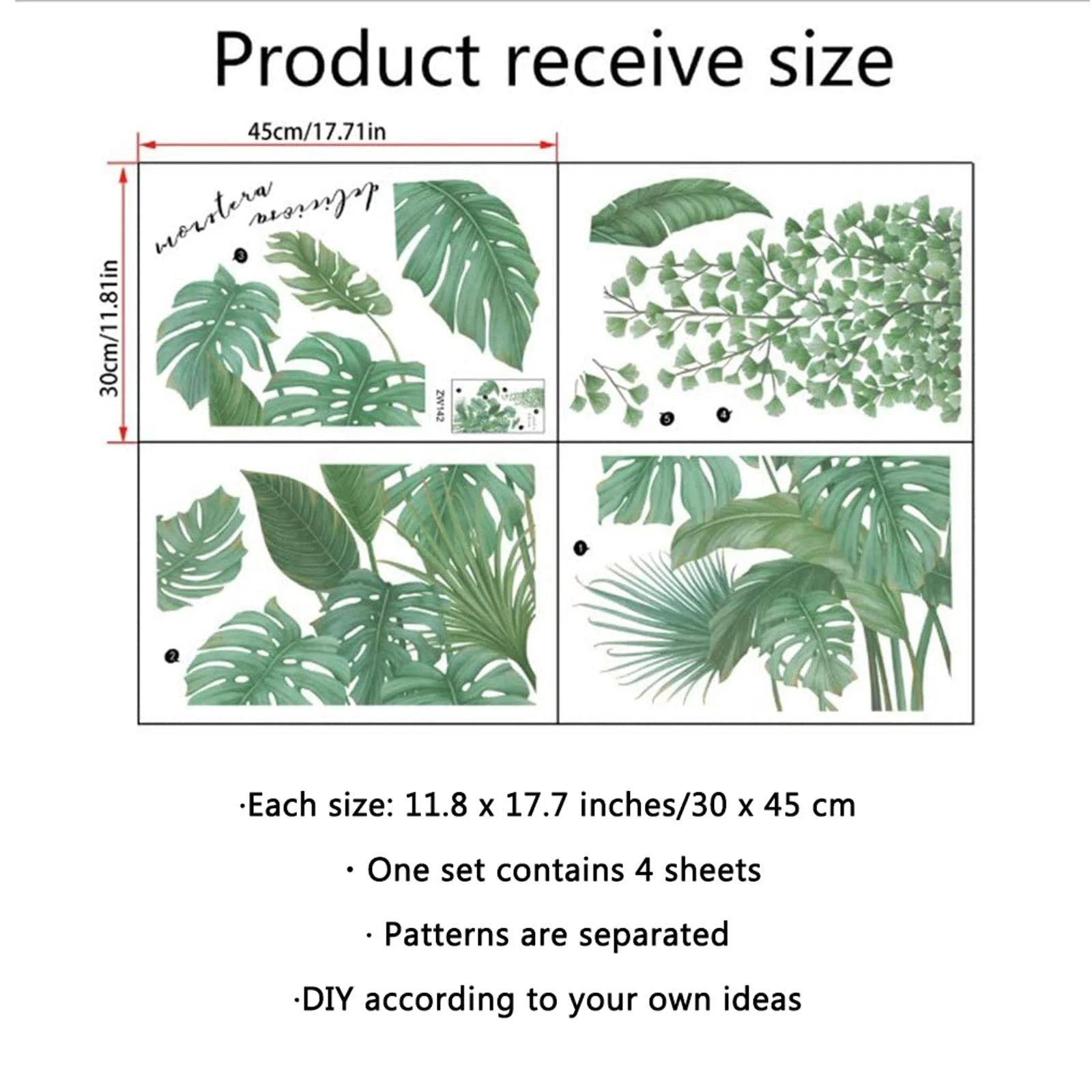 Наклейка на стіну Зелене листя 4 аркуші Рослини Фотошпалери, фото №5 Наклейка на стіну Зелене листя 4 аркуші Рослини Фотошпалери, фото №5