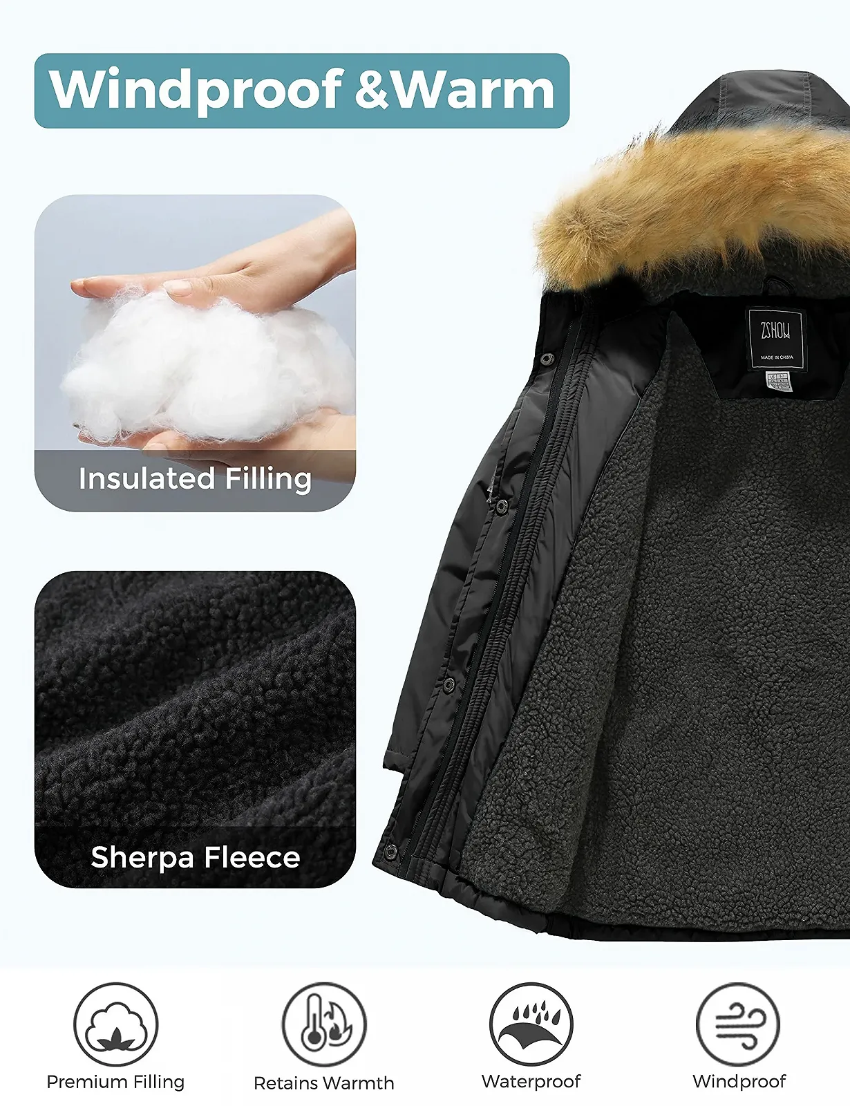 Зимове пальто для дівчат ZSHOW з бавовняною підкладкою, водовідштовхувальна куртка, фото №4