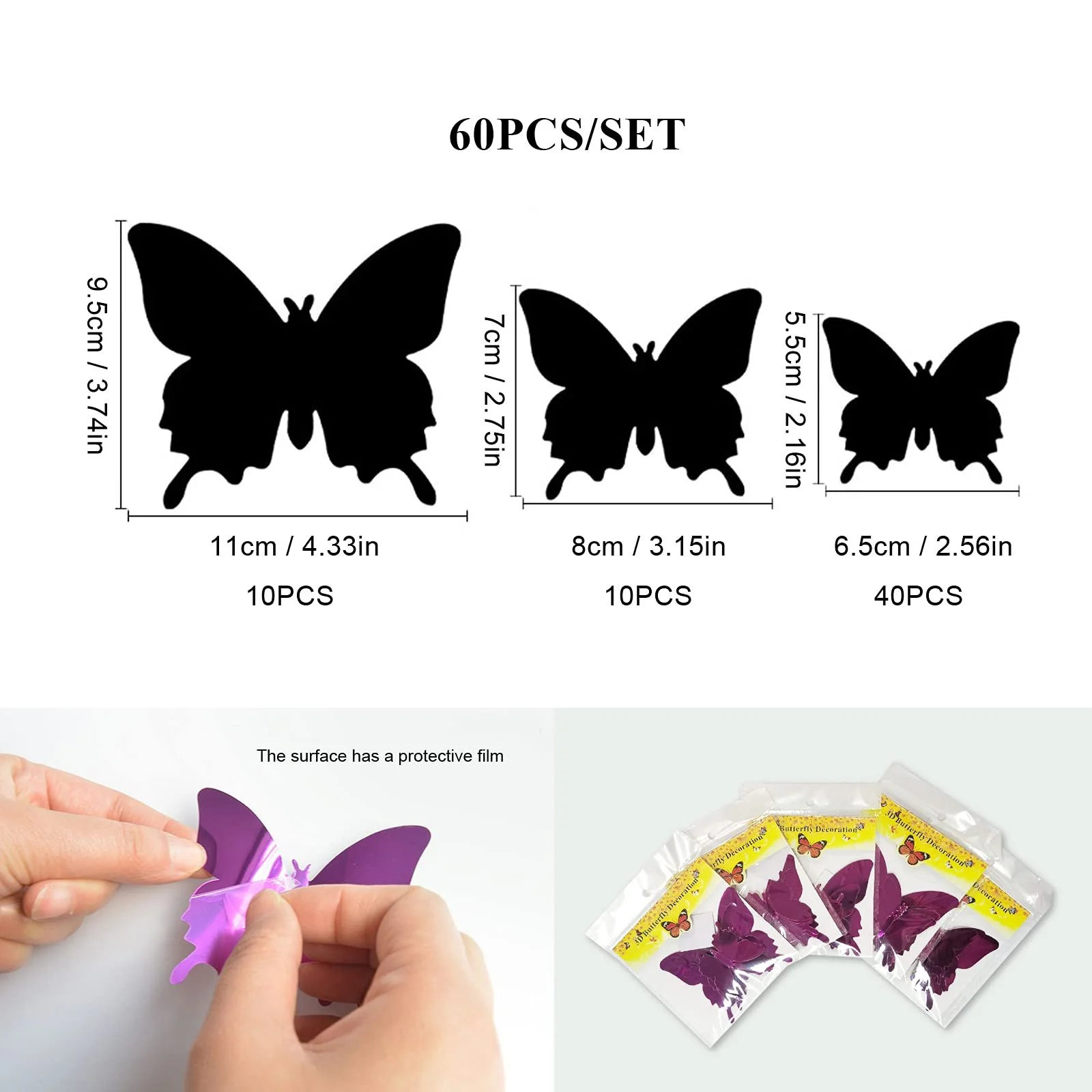 Наклейки на стіну CAYUDEN Метелики 3D Дзеркальні 60 шт. Фіолетові, фото №3