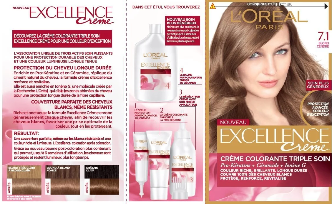 Фарба для волосся L'Oréal Paris Excellence Cream 7.1 Попелястий блонд, фото №2 Фарба для волосся L'Oréal Paris Excellence Cream 7.1 Попелястий блонд, фото №2