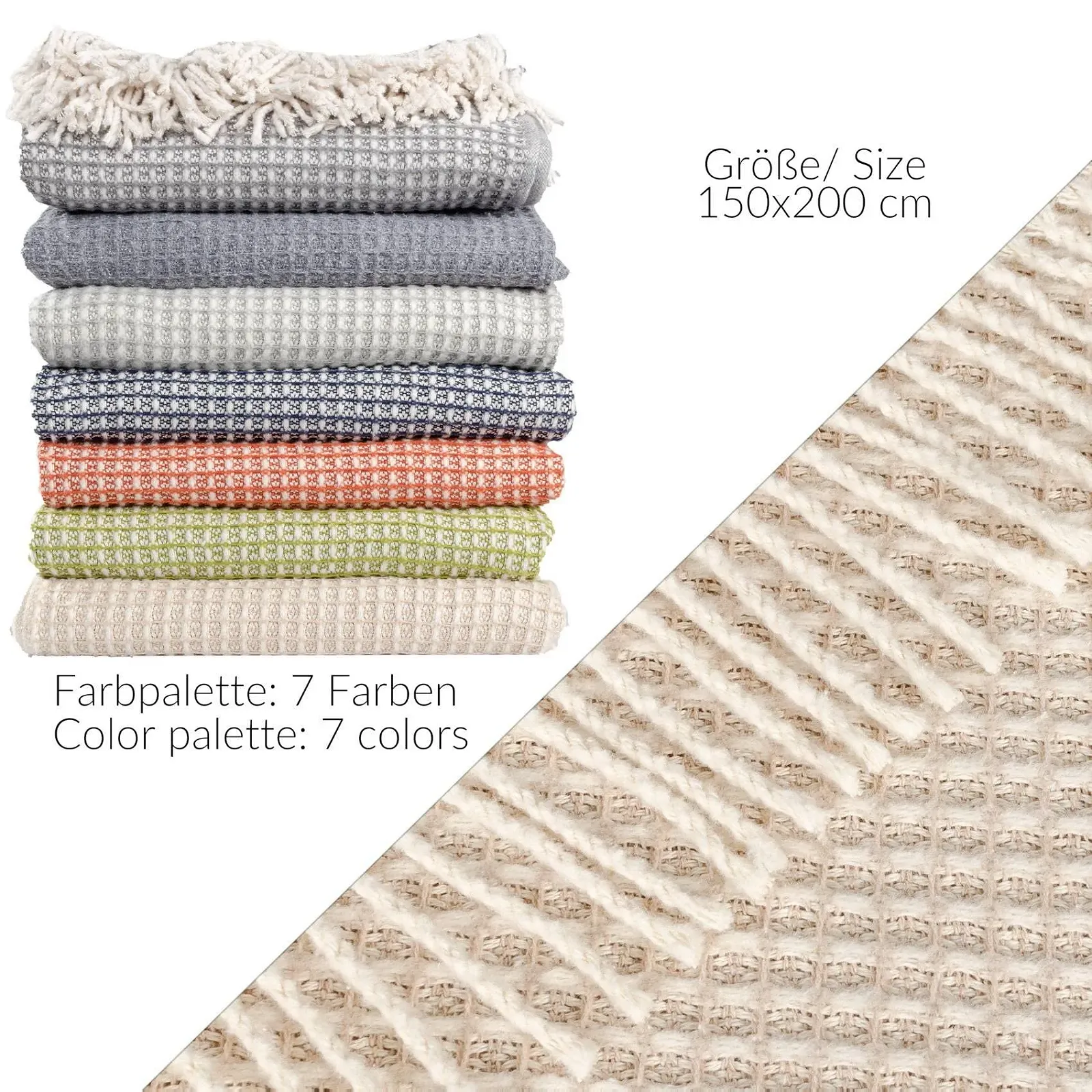 Покрывало ANRO Beatriz Плед, Накидка на диван, Покрывало на диван, Плед для гостиной, Покрывало на кровать с бахромой, 150 x 200 см, Бежевый, фото №5