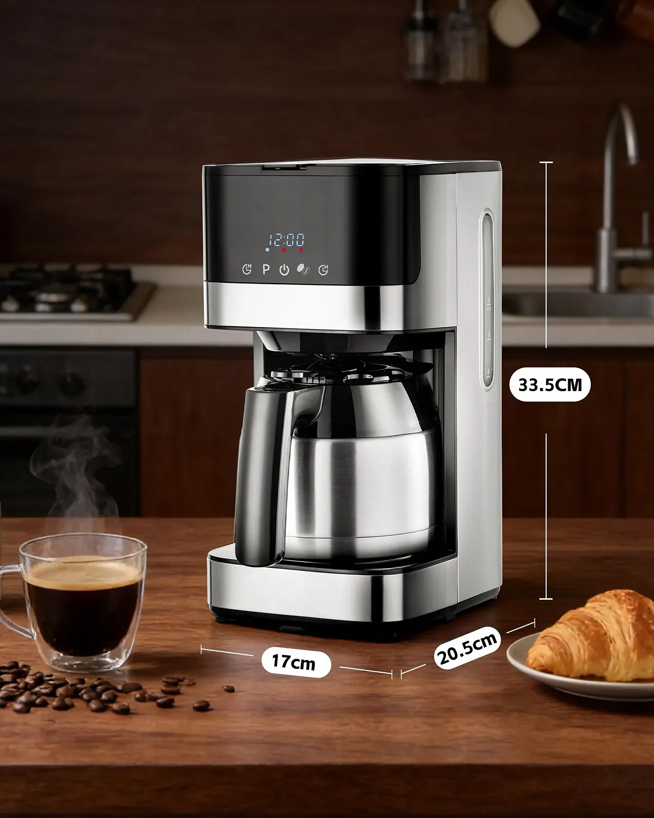 Капельная кофеварка 900 W с таймером 24H LED-дисплеем термальным кувшином на 10 чашек 1 л нержавеющая сталь, фото №8