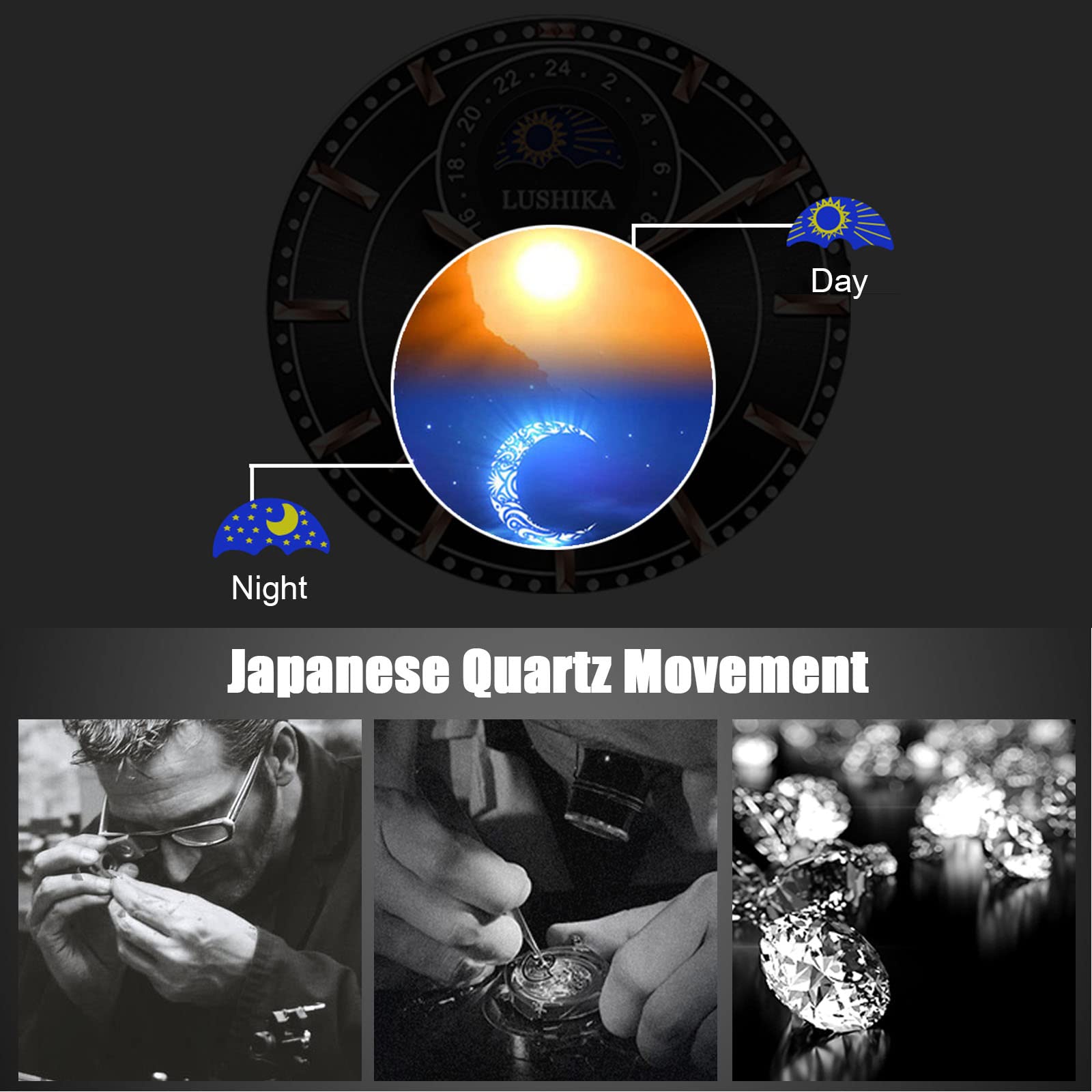 Часы rorios Мужские Аналоговые Кварцевые Бизнес Люминесцентные Водонепроницаемые Алмазный Циферблат Кожаный Ремешок Фазы Луны, фото №4