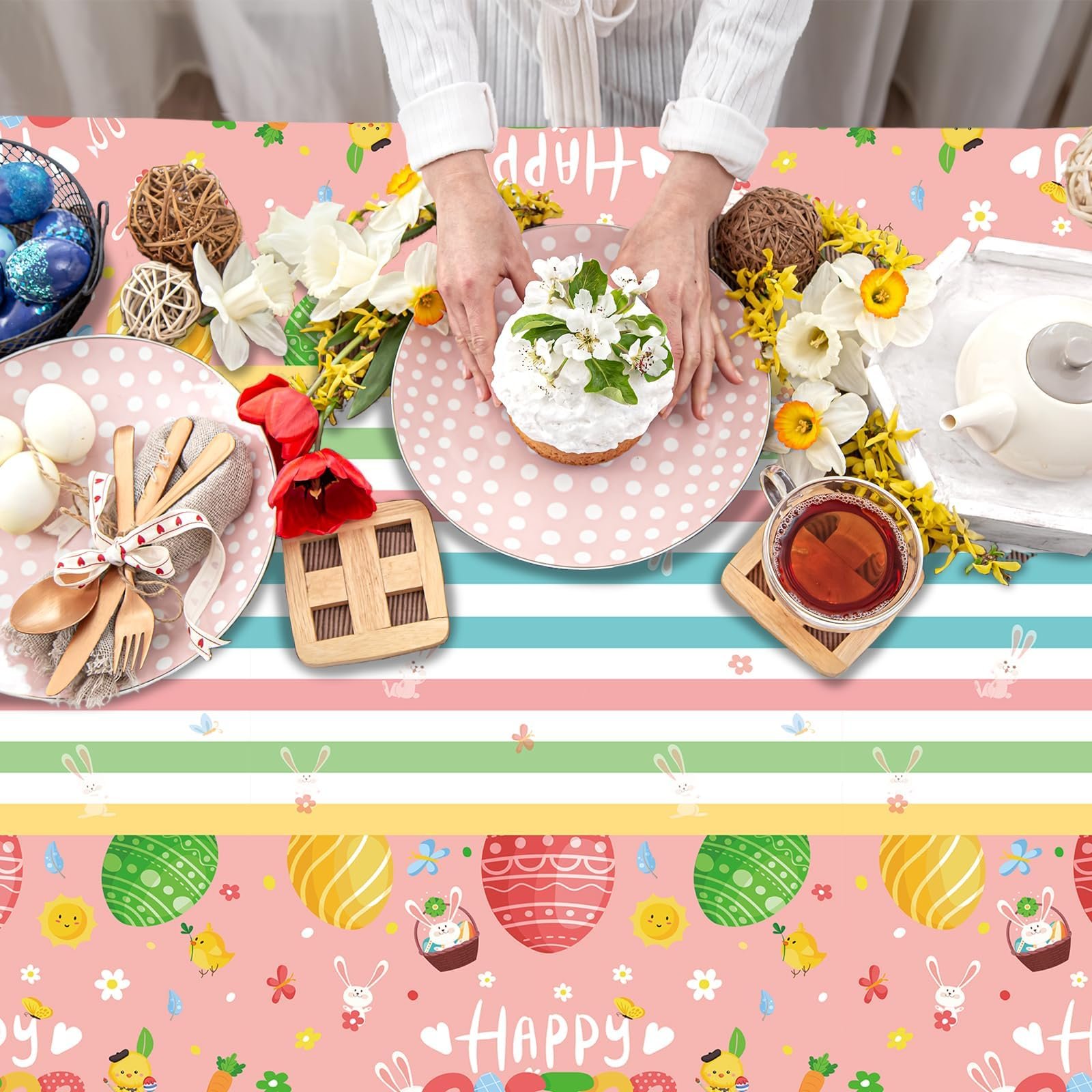 Скатертина Happy Easter набір 2 шт. пластикова, що миється, дизайн кролик та яйця рожева 137 x 274 см, фото №6