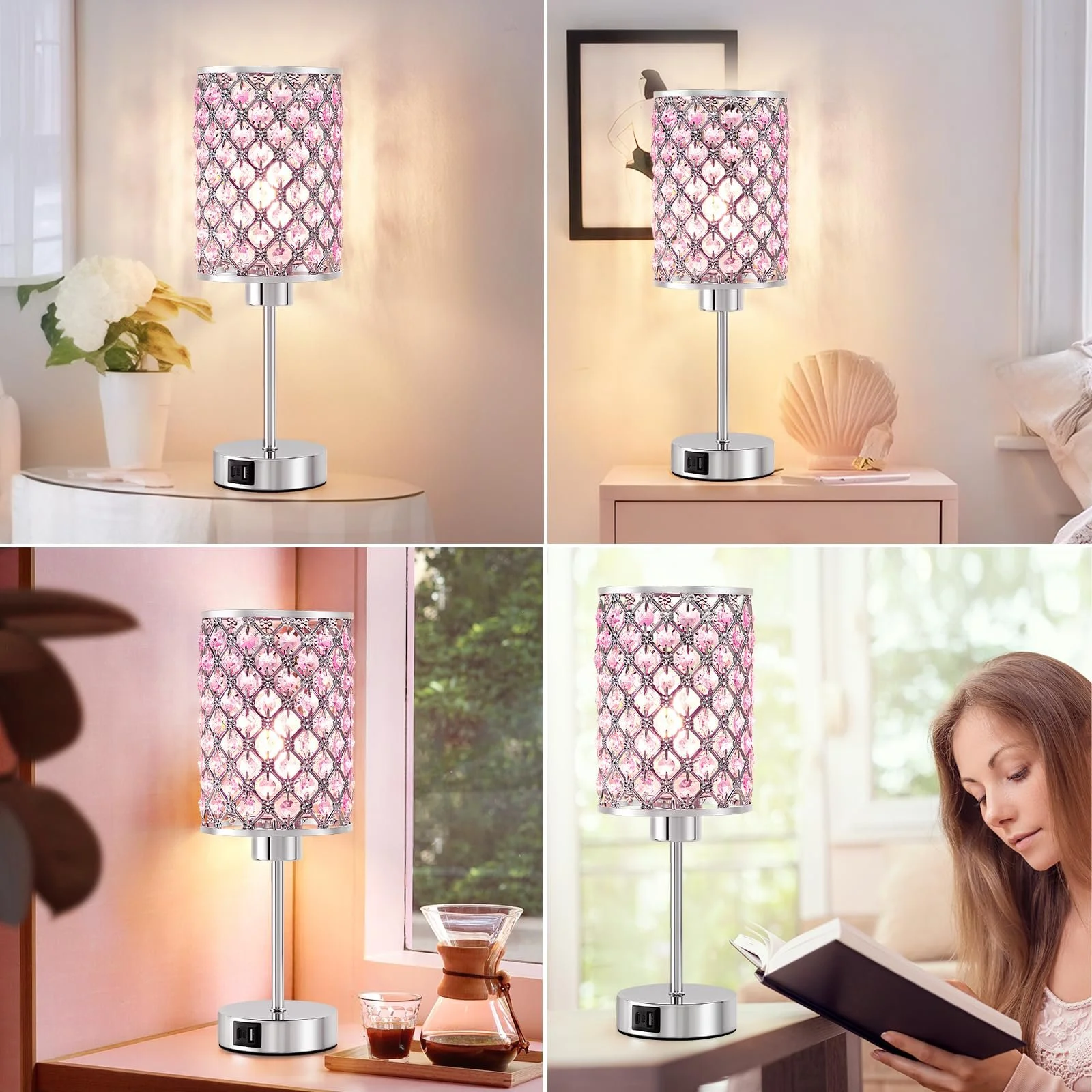 Настільна лампа GyroVu Кришталева Сенсорна з USB A+C портами Димована (лампа в комплекті) Рожевий, фото №6