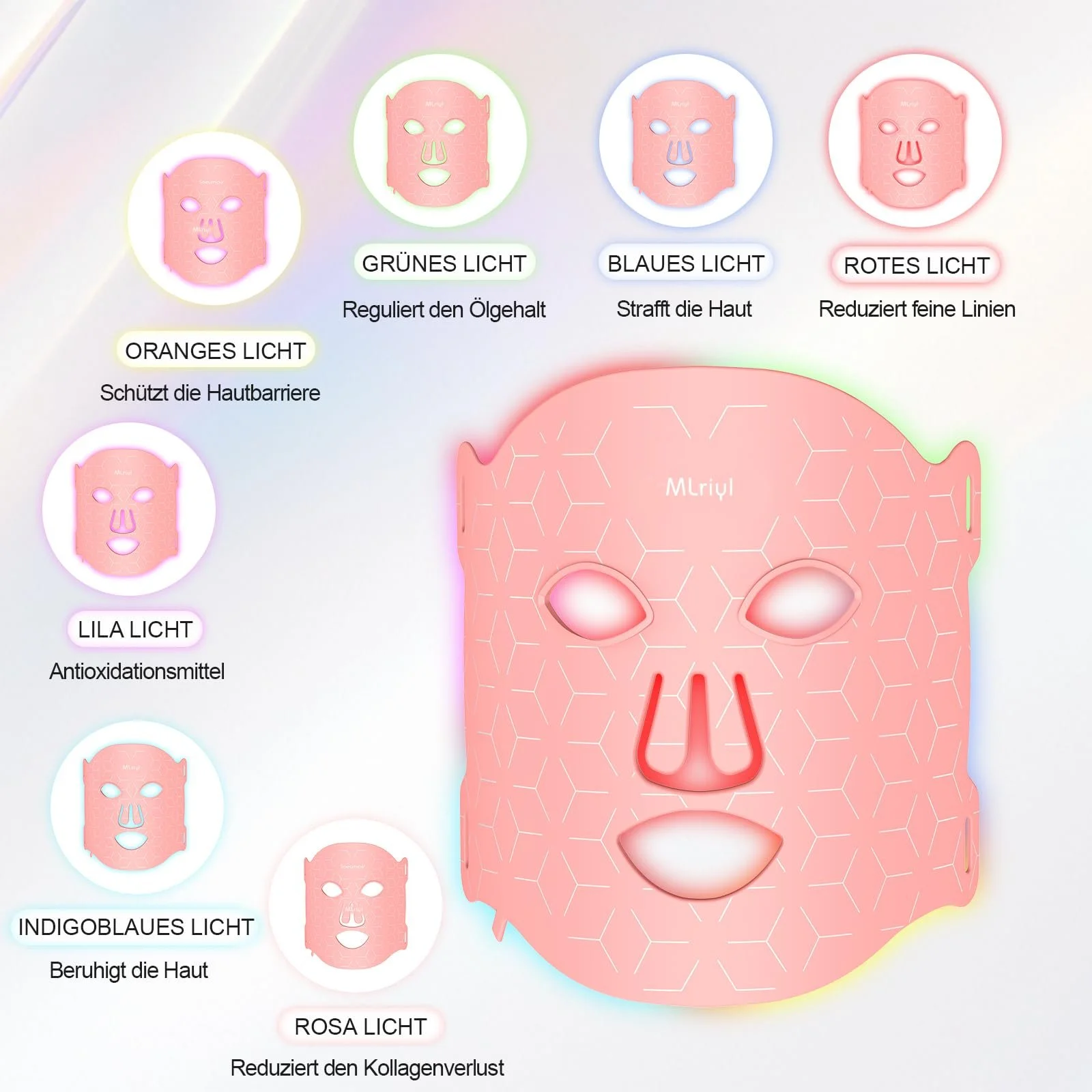 LED Маска Mlriyl для обличчя Червоне світло з 7 кольорами, антивікова маска для обличчя з таймером, фото №5
