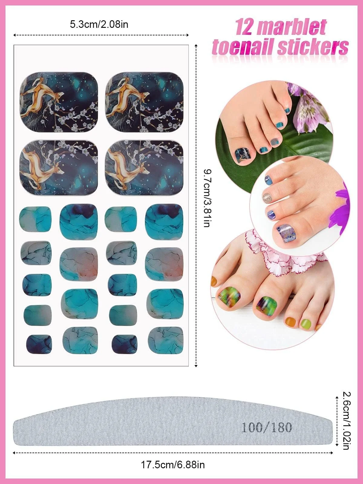 Наклейки для ногтей на ногах Kalolary Toenail Stickers 12 листов Мраморный дизайн с пилкой, фото №5 Наклейки для ногтей на ногах Kalolary Toenail Stickers 12 листов Мраморный дизайн с пилкой, фото №5
