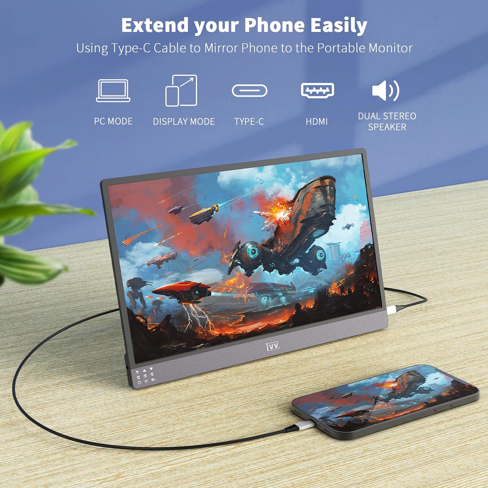 Монітор IVV Portable 4K 13.3 дюйма, IPS екран 3840 x 2160 UHD з HDMI Type-C USB-C з'єднанням, захисний чохол, фото №5