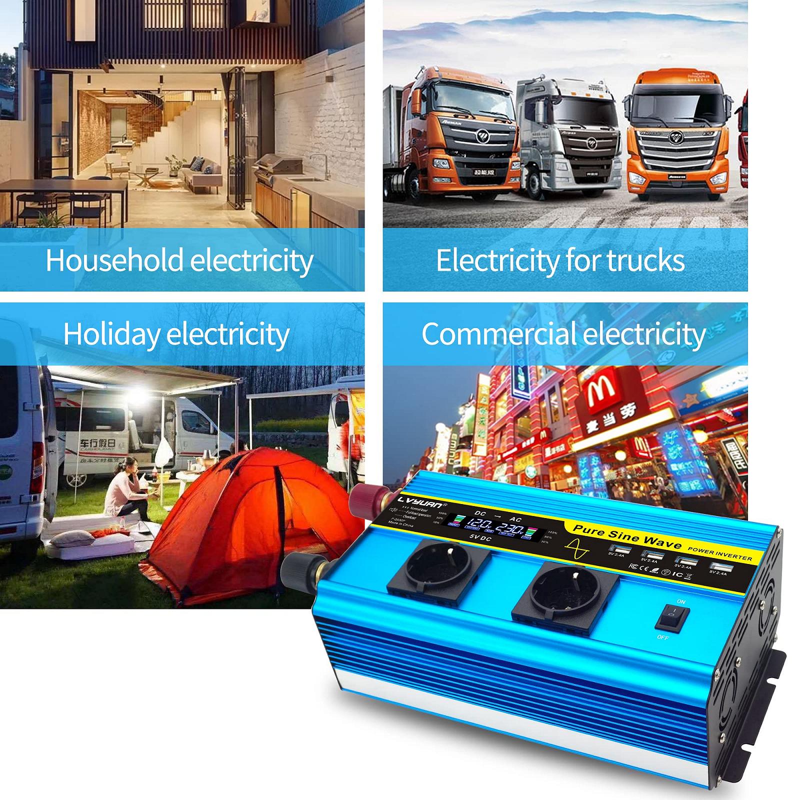 Інвертор LVYUAN Pure Sine Wave 12V до 230V 2000W/4000W з бездротовим пультом ДК 2 розетки AC 4 порти USB, фото №5