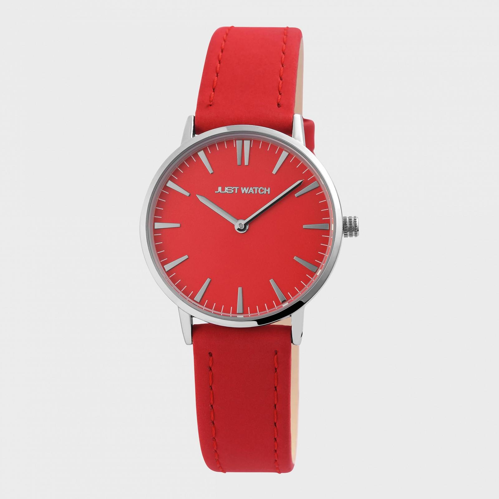Женские наручные часы Just Watch, серебристый корпус 33 мм, красный кожаный ремешок, фото №7