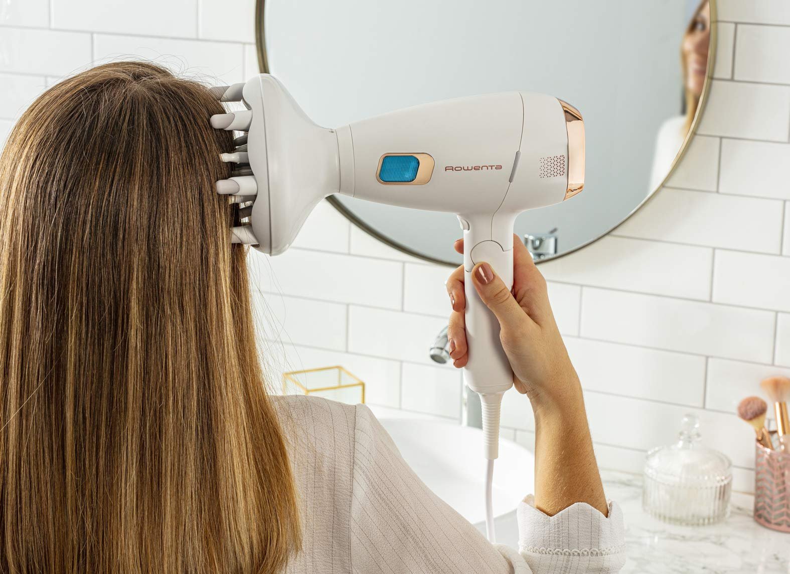 Фен Rowenta Ultimate Experience Massage 2200 Вт, с цифровым мотором, ионизацией, массажной насадкой, бело-медный, фото №11