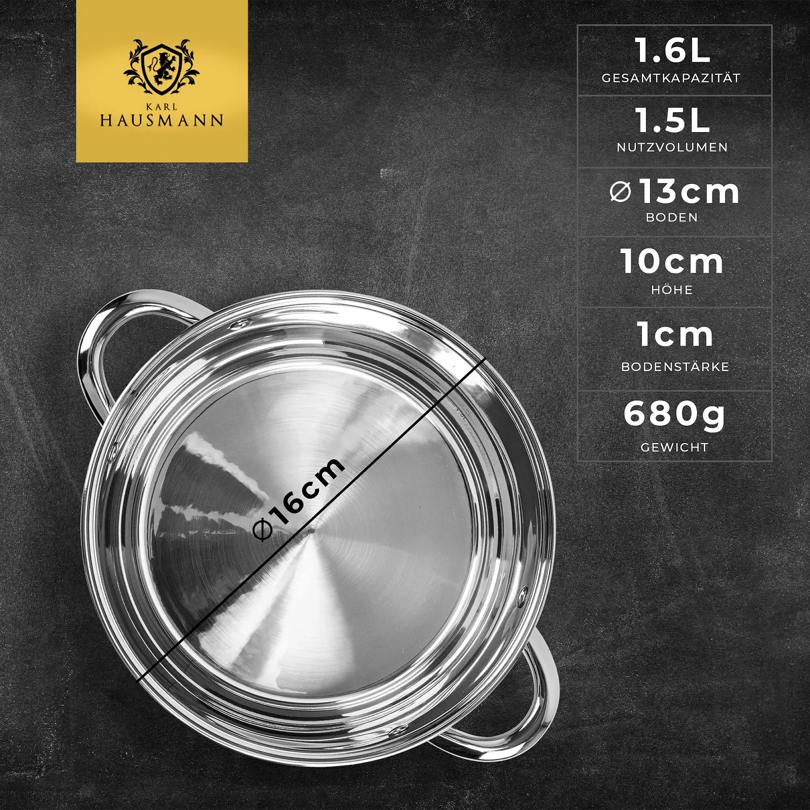 Каструля KARL HAUSMANN Нержавіюча сталь 1,6 л, Діаметр 16 см, Сріблястий, фото №2 Каструля KARL HAUSMANN Нержавіюча сталь 1,6 л, Діаметр 16 см, Сріблястий, фото №2