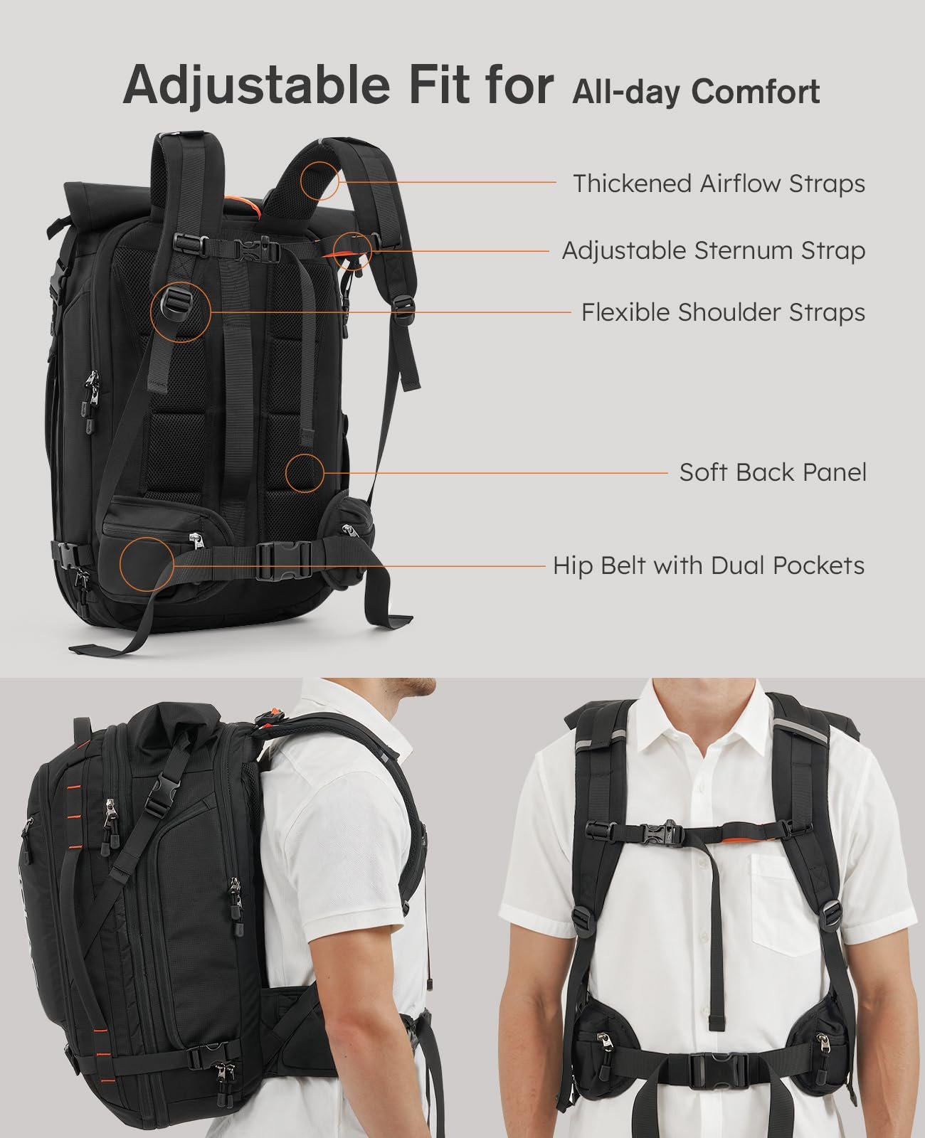 Рюкзак для ноутбука Tolaccea Travel Rolltop TSA Friendly 17.3 дюйма Expandable 40-55L Black, фото №6